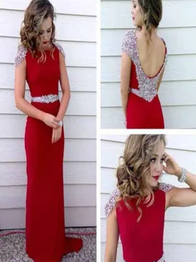 Custom Made A Line Round Neck Cap Sleeves Red Long Prom Dress,  Red Long Formal Dress