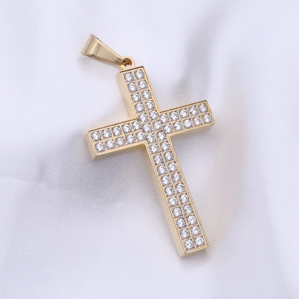 CZ Paved Stainless Steel Cross Pendant - Gold