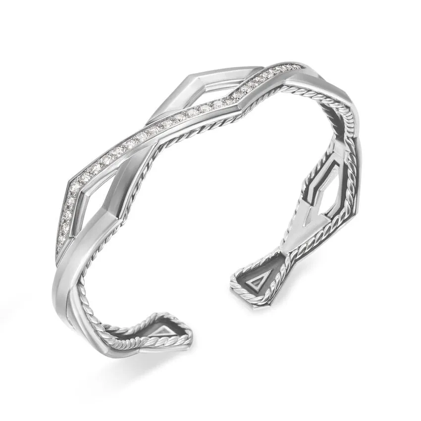 David Yurman Zig Zag Stax Two Row Cuff Bracelet in Sterling Silver with Diamonds, 13mm