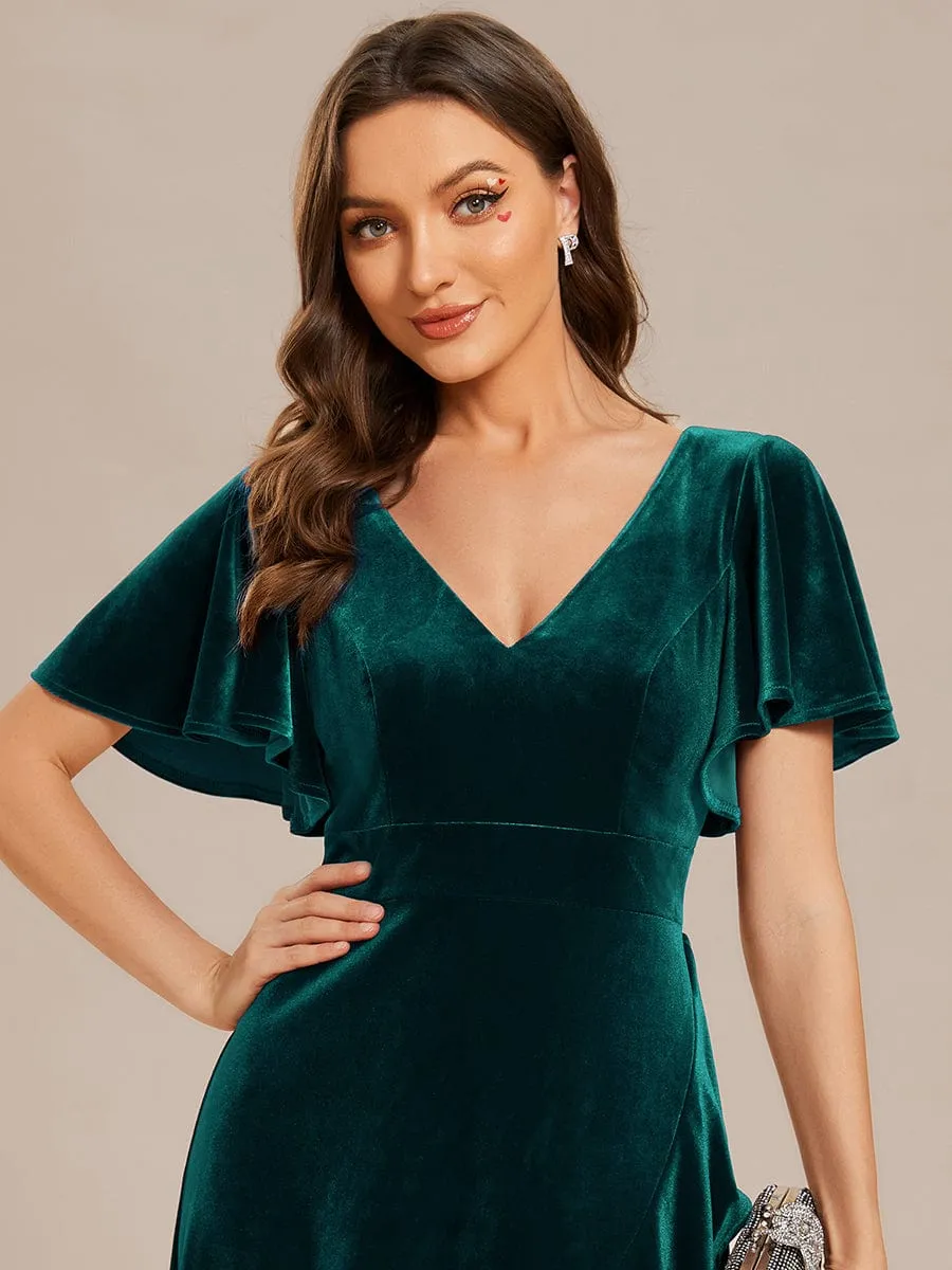 Double V-Neck Short Sleeves Stretchy Velvet Evening Dress with Lotus Leaf Hem