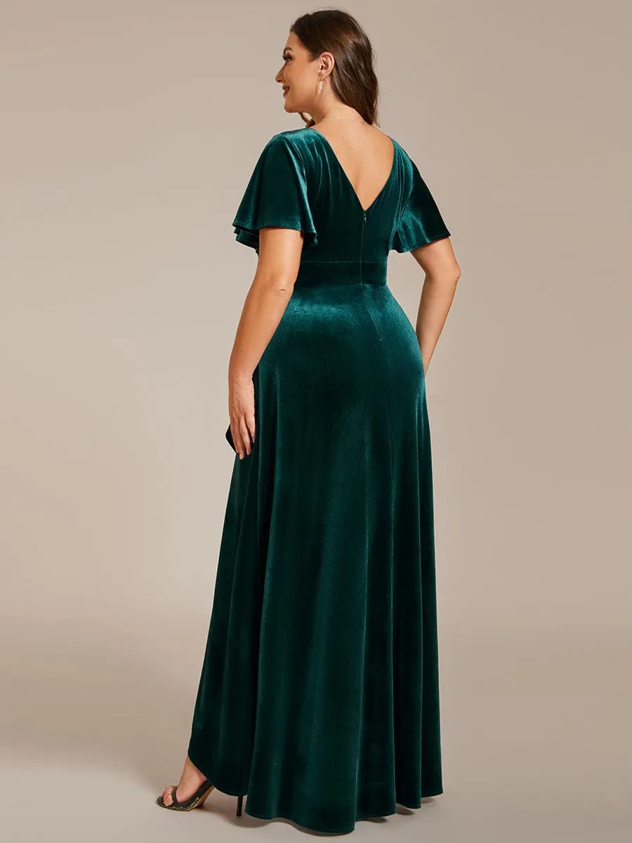 Double V-Neck Short Sleeves Stretchy Velvet Evening Dress with Lotus Leaf Hem