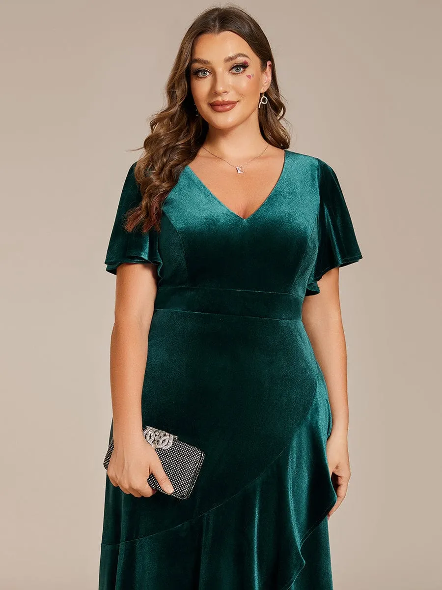 Double V-Neck Short Sleeves Stretchy Velvet Evening Dress with Lotus Leaf Hem