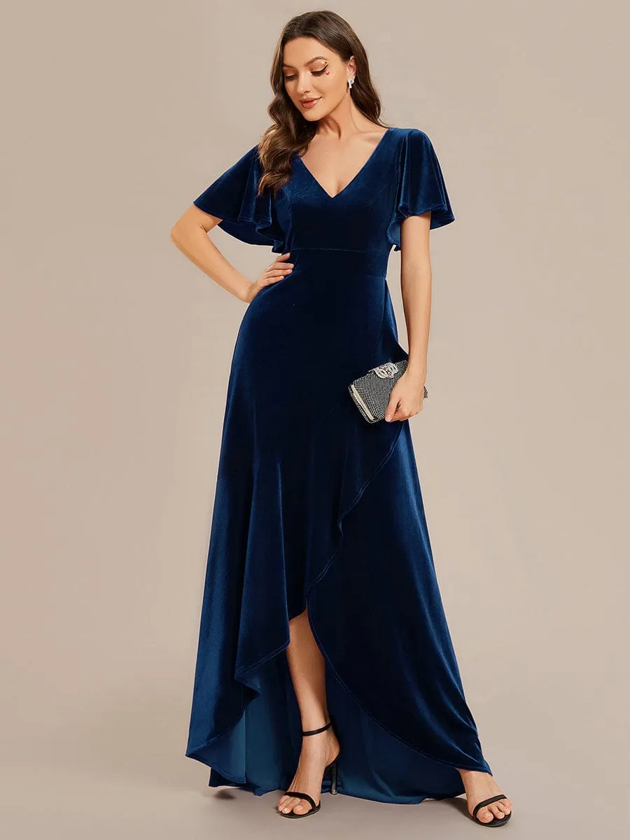 Double V-Neck Short Sleeves Stretchy Velvet Evening Dress with Lotus Leaf Hem