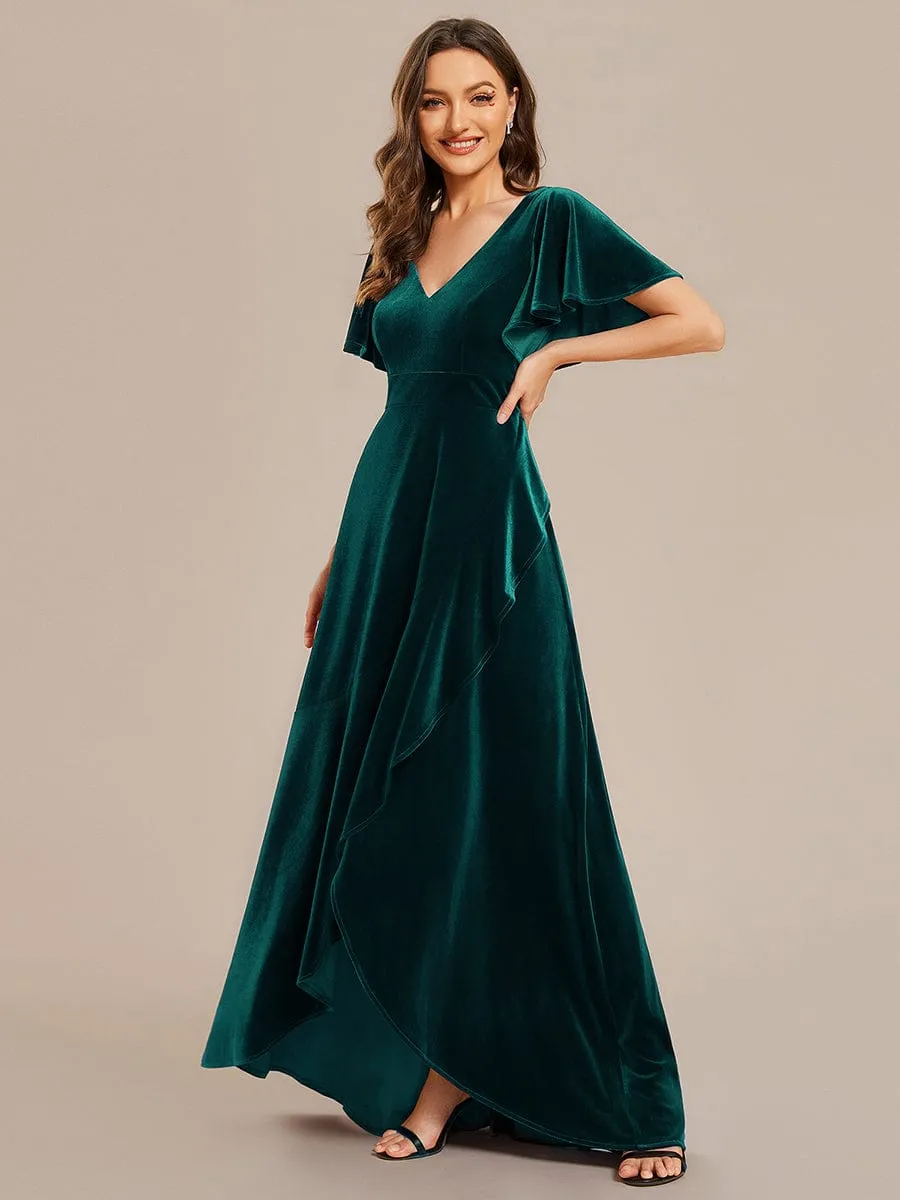 Double V-Neck Short Sleeves Stretchy Velvet Evening Dress with Lotus Leaf Hem