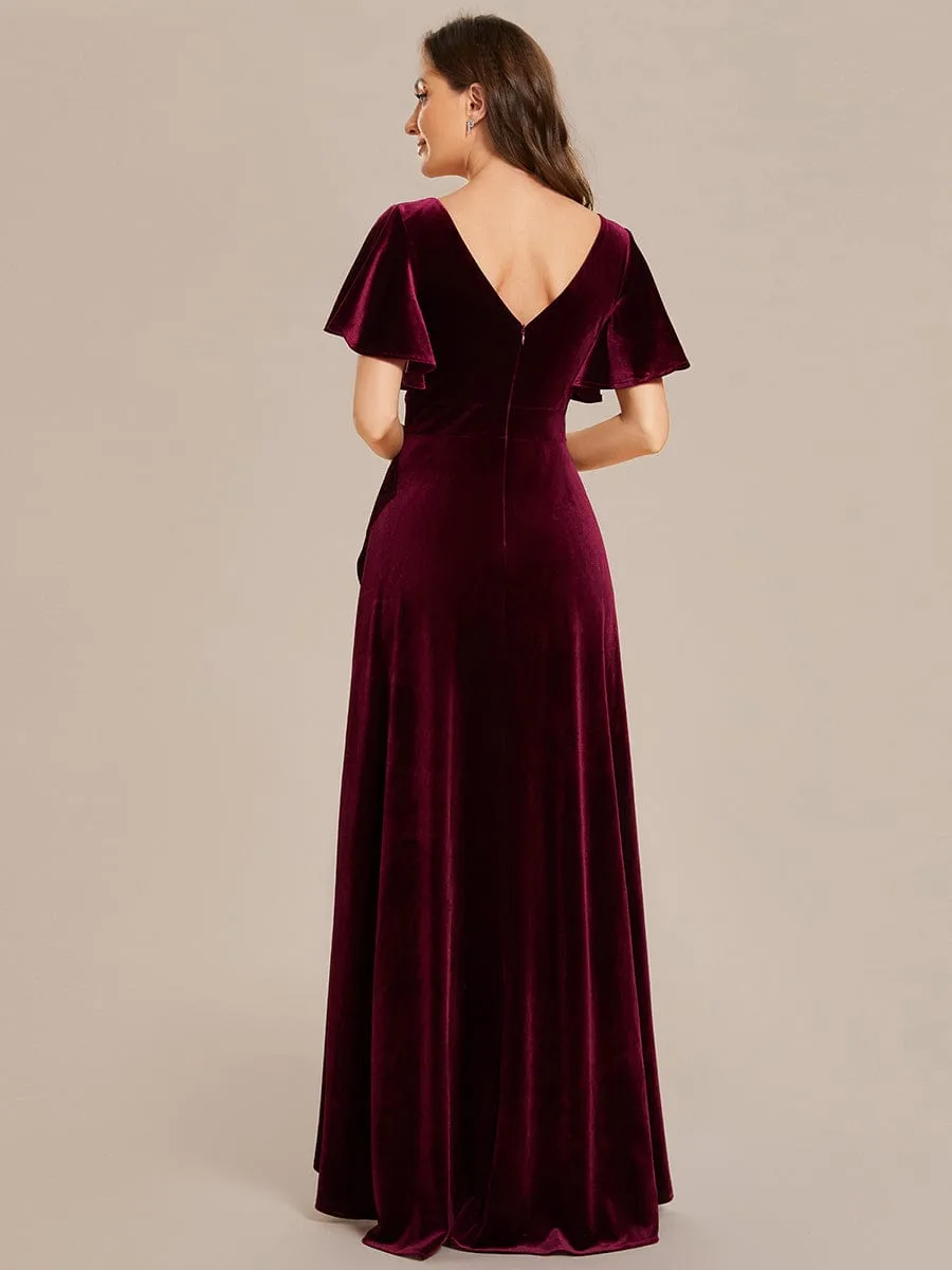 Double V-Neck Short Sleeves Stretchy Velvet Evening Dress with Lotus Leaf Hem