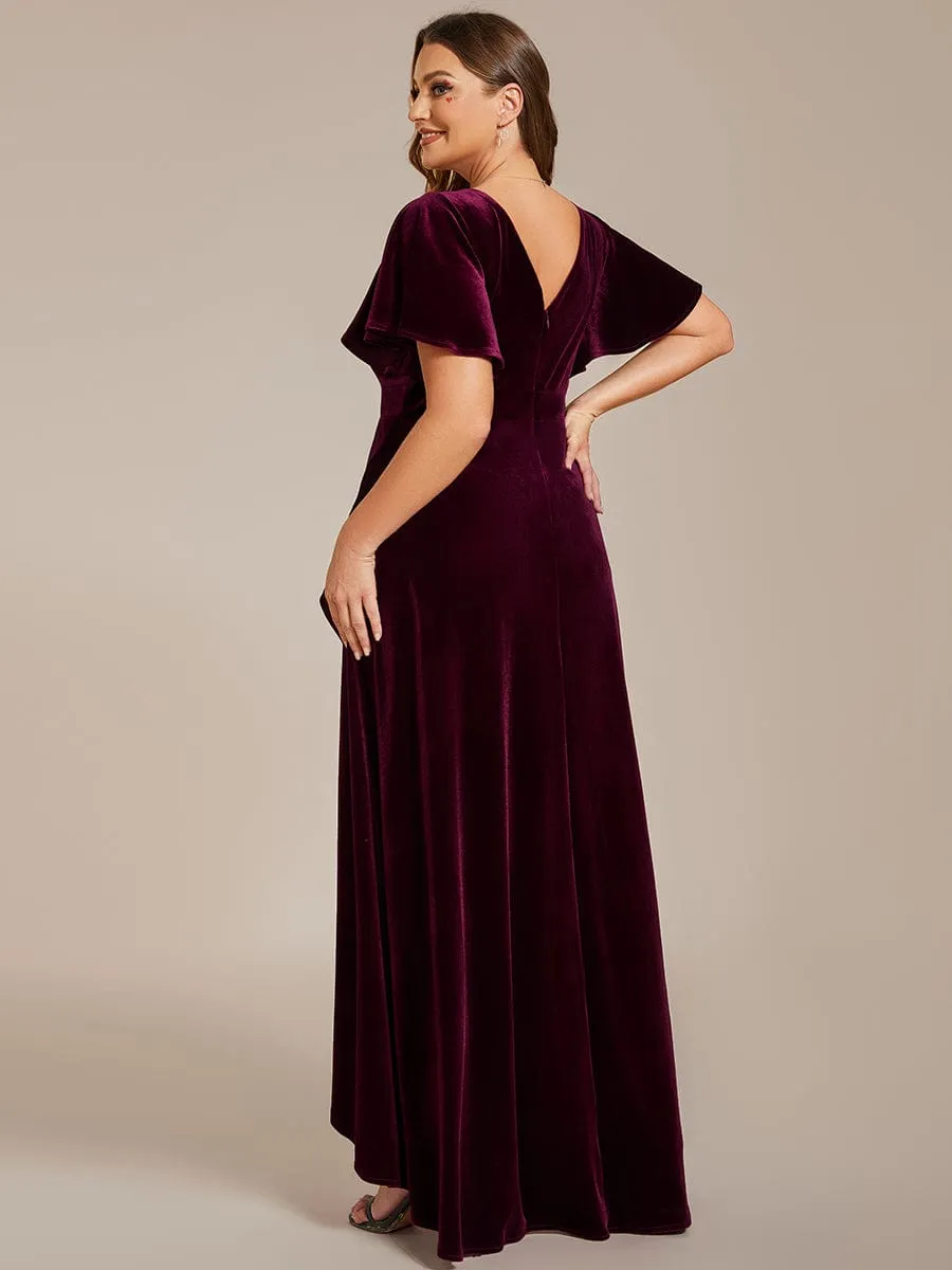 Double V-Neck Short Sleeves Stretchy Velvet Evening Dress with Lotus Leaf Hem