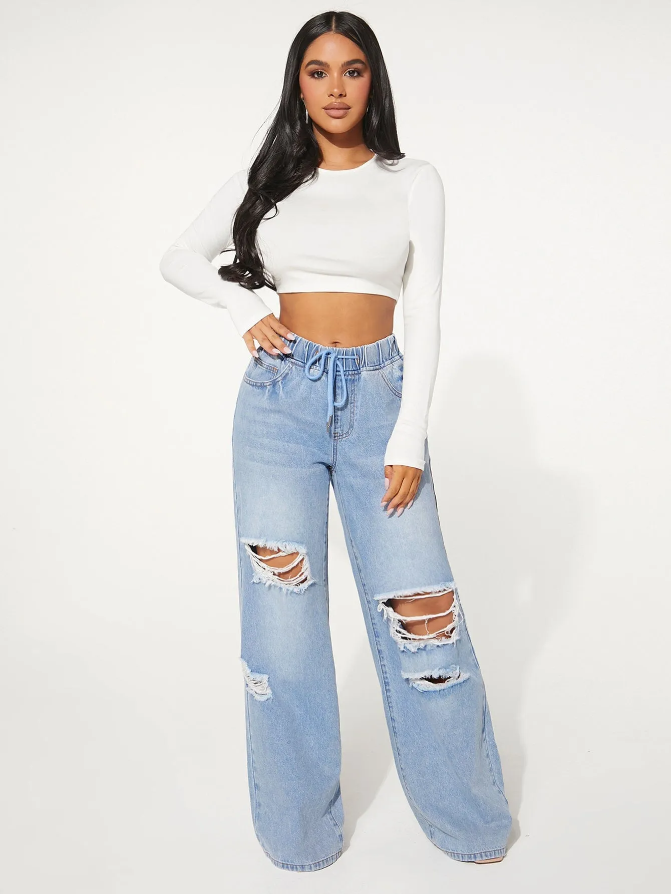 Drawstring Waist Cut Out Ripped Wide Leg Jeans