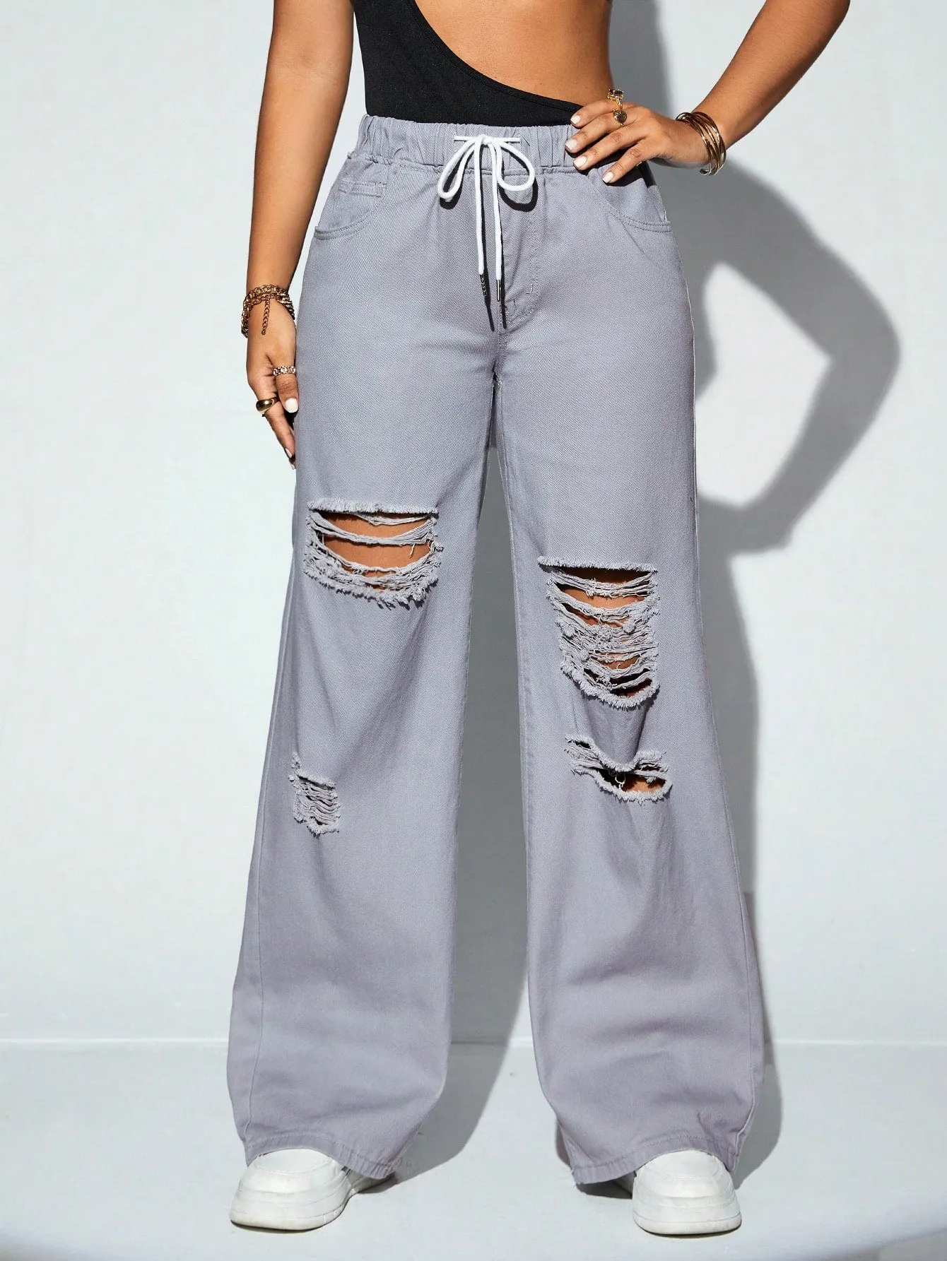 Drawstring Waist Cut Out Ripped Wide Leg Jeans