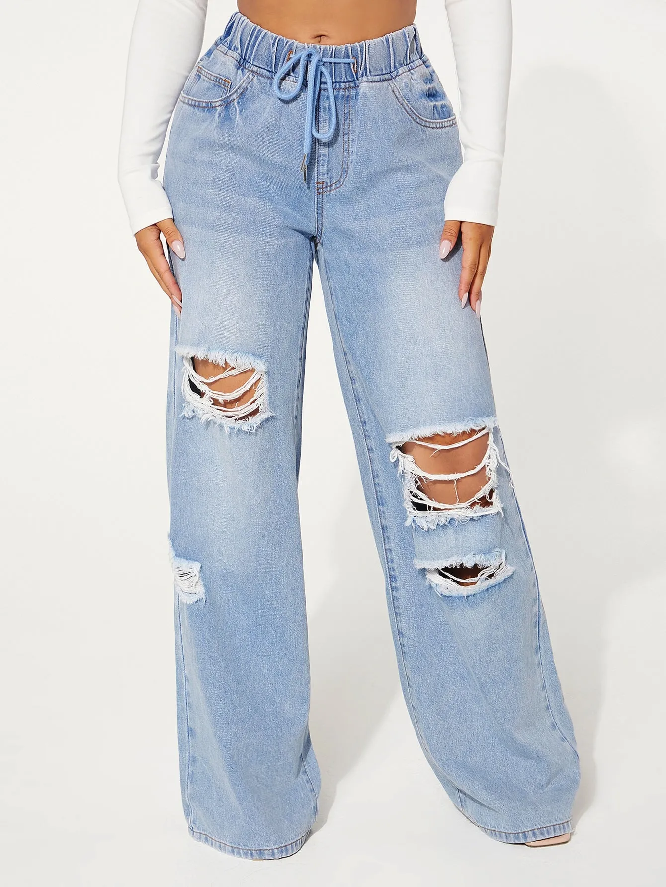 Drawstring Waist Cut Out Ripped Wide Leg Jeans