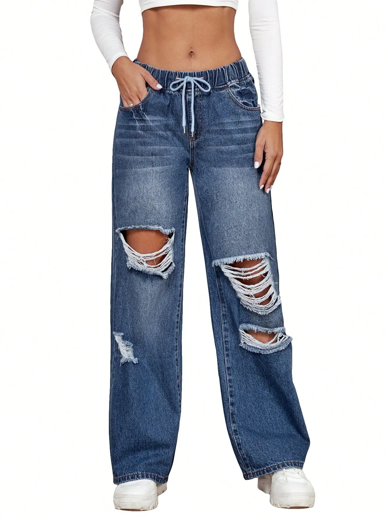 Drawstring Waist Cut Out Ripped Wide Leg Jeans