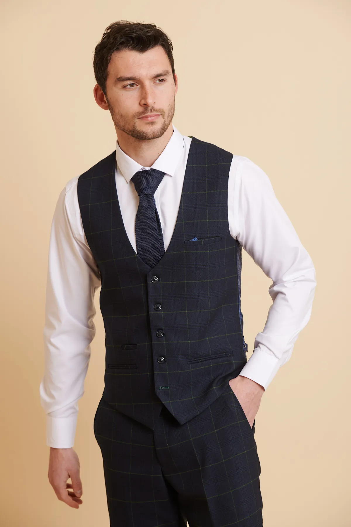 EDINSON - Navy Green Check Single Breasted Waistcoat