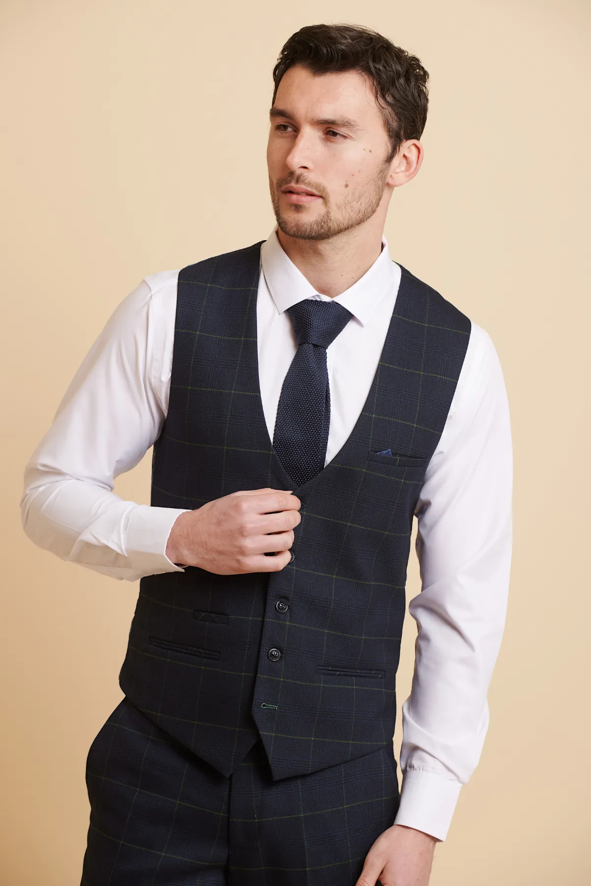 EDINSON - Navy Green Check Single Breasted Waistcoat