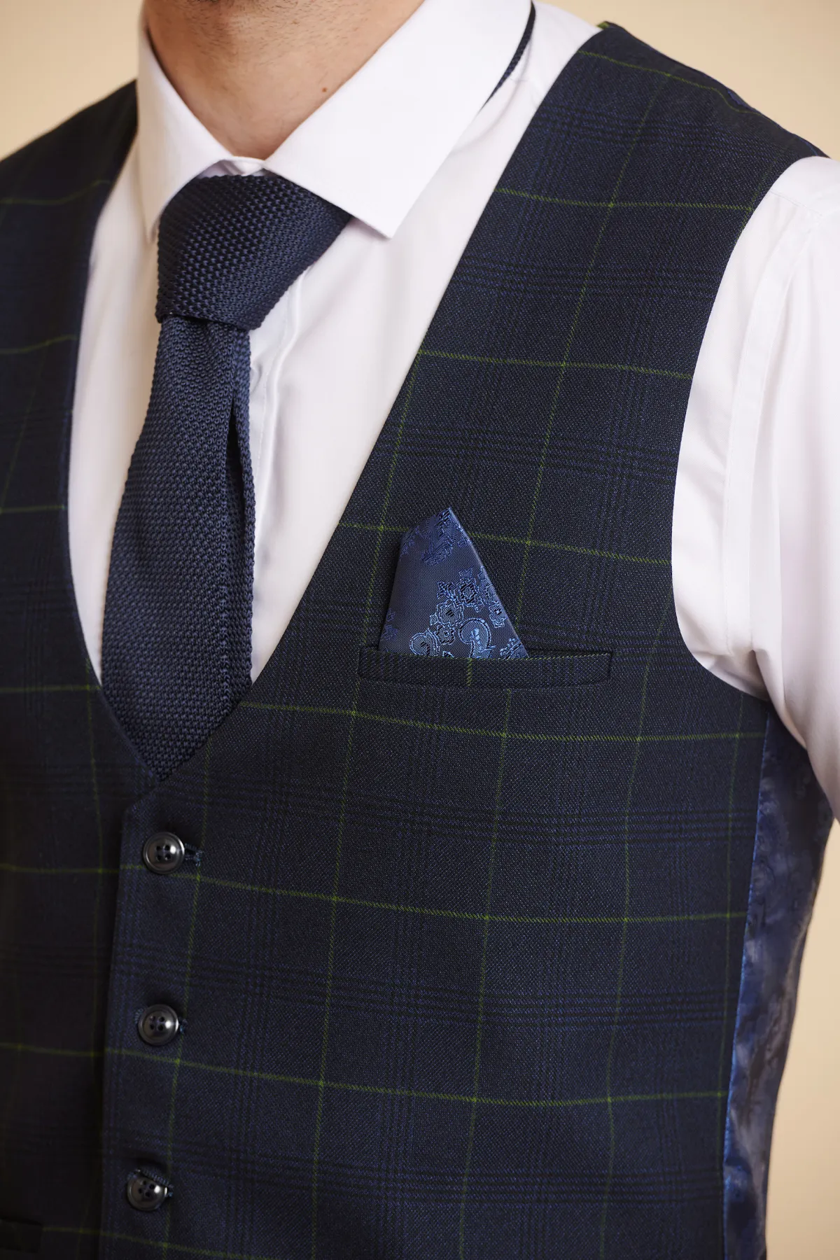 EDINSON - Navy Green Check Single Breasted Waistcoat