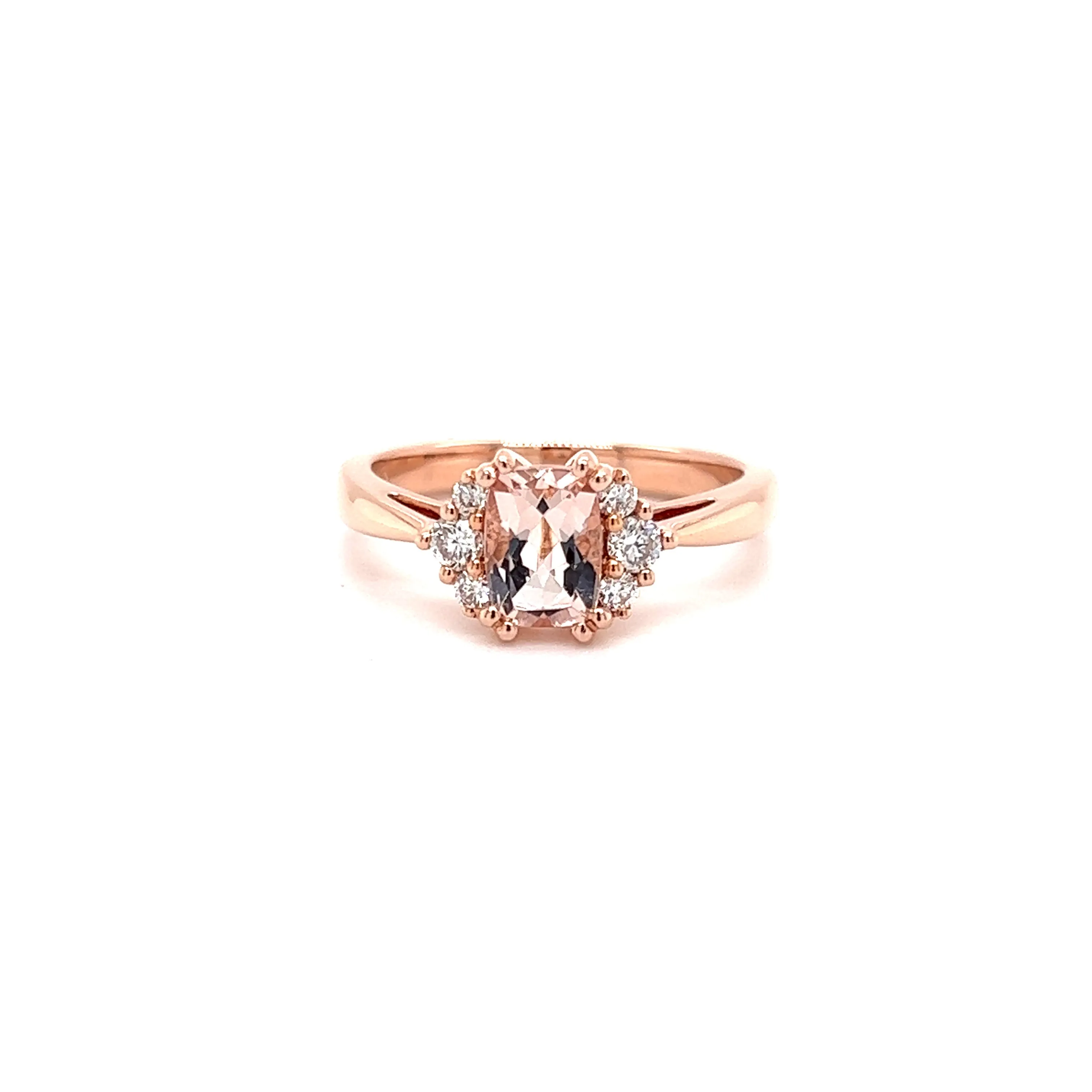 Elongated Cushion Morganite Ring with Six Side Diamonds in 14K Rose Gold