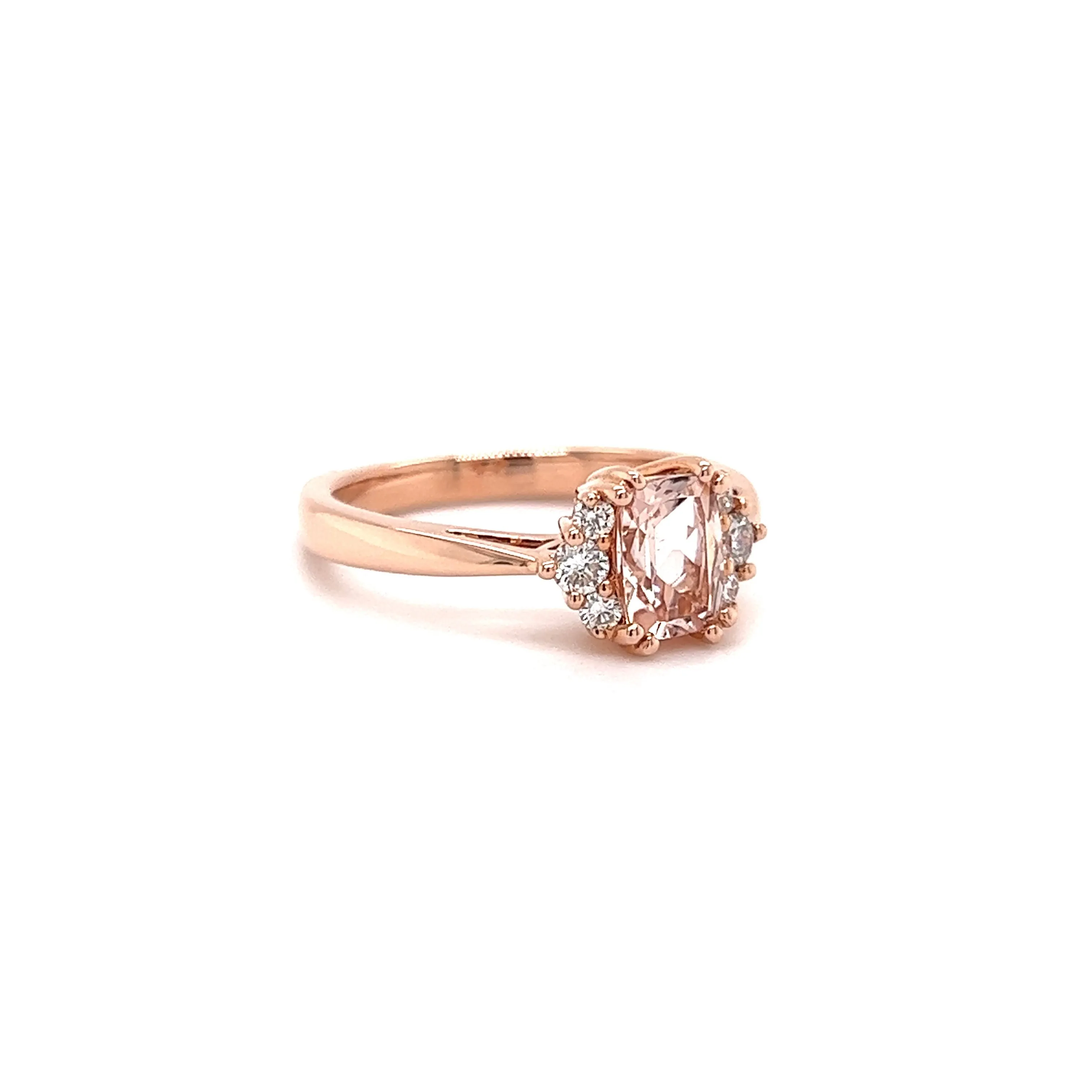 Elongated Cushion Morganite Ring with Six Side Diamonds in 14K Rose Gold