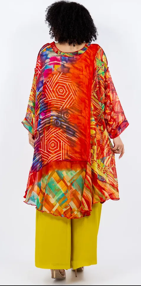 Fire Crystal Mosaic hi-low Tunic Top Boho Hippie Chic Resort Wear Sml-10X