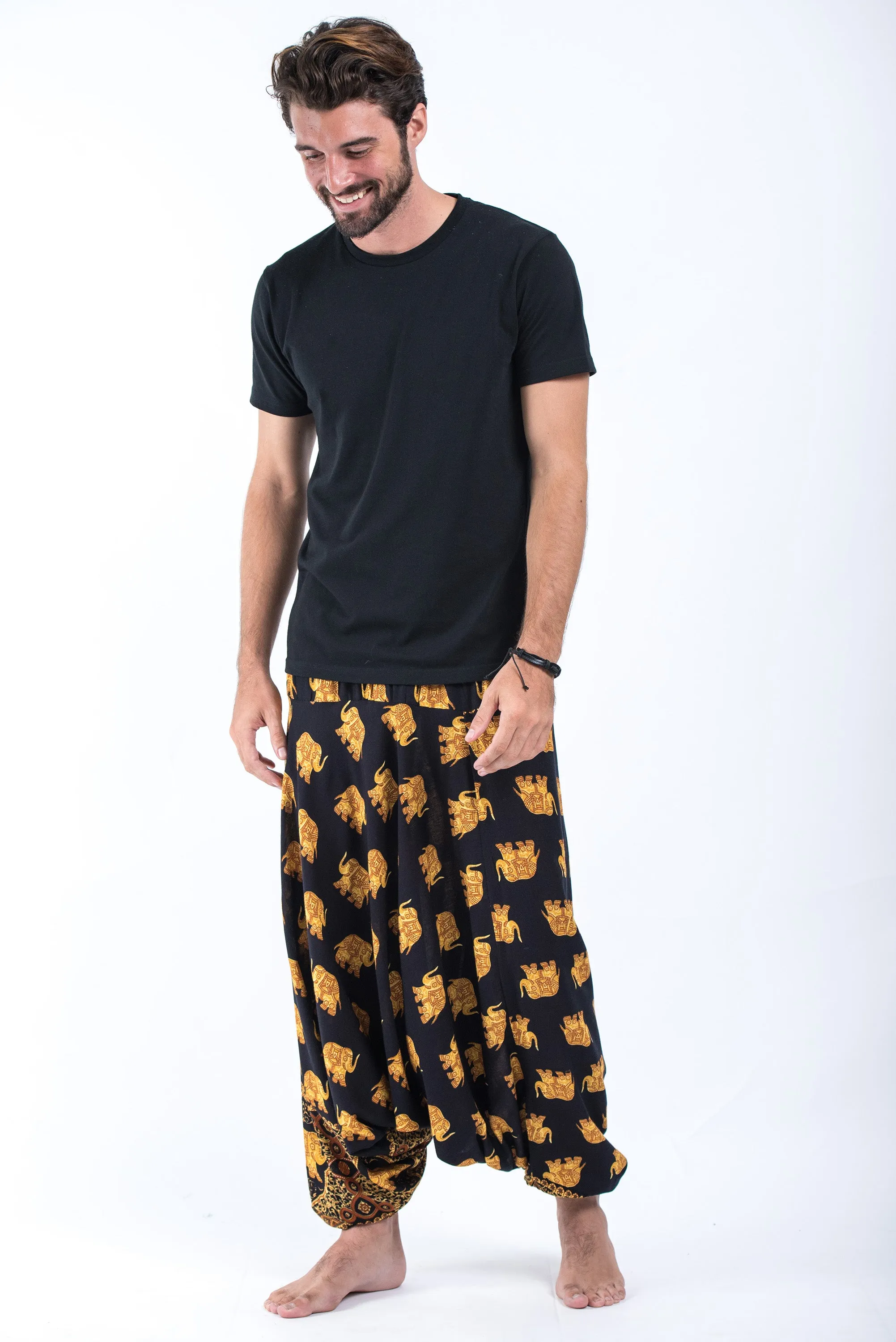 Golden Elephant Drop Crotch Men's Elephant Pants in Black