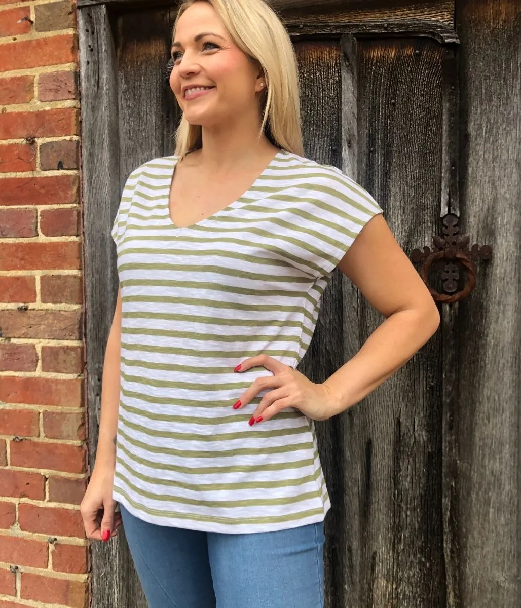 Green Striped Cotton V Neck Top