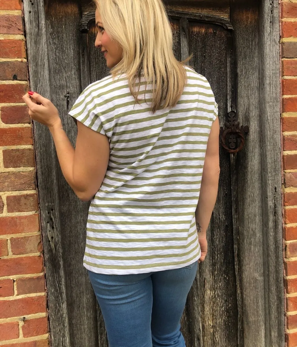 Green Striped Cotton V Neck Top