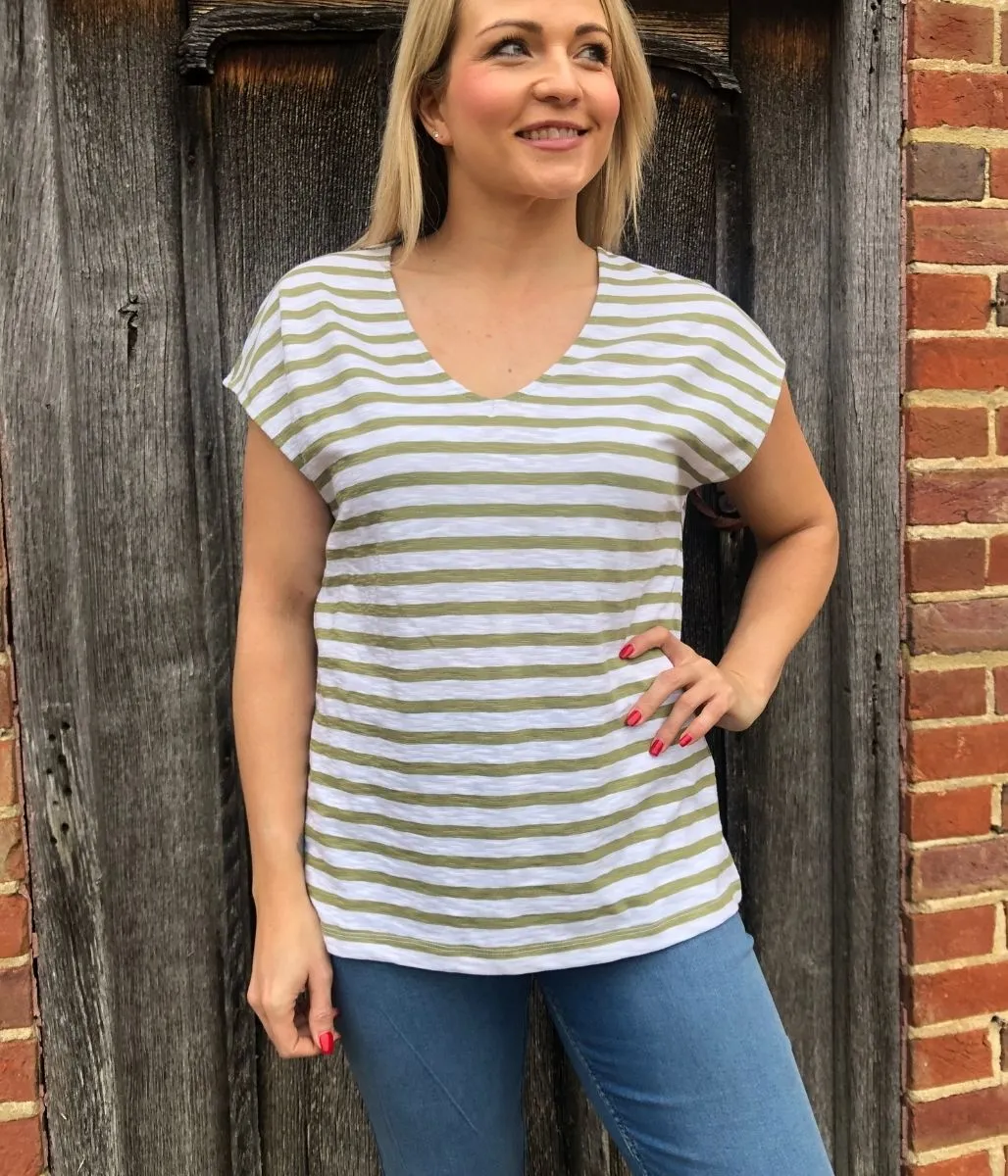 Green Striped Cotton V Neck Top