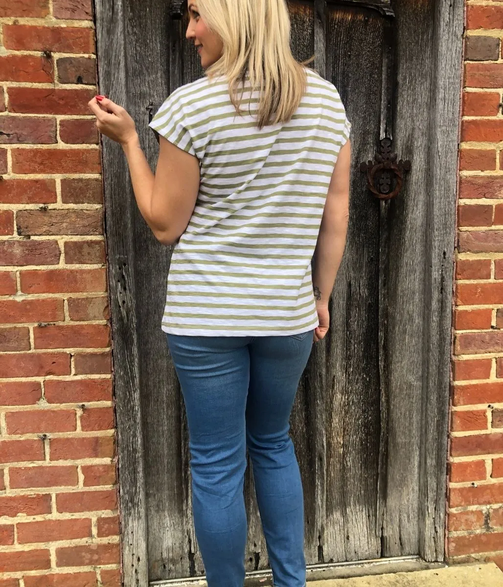 Green Striped Cotton V Neck Top