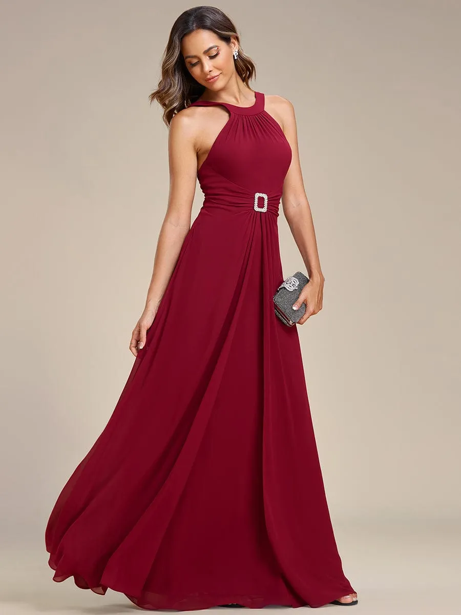 Halter Neck Pleated Chiffon Waist Buckle Decoration Maxi Evening Dress