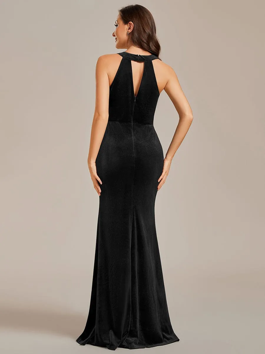 Halter Sleeveless Bodycon Shiny Belt High Slit Velvet Evening Dress