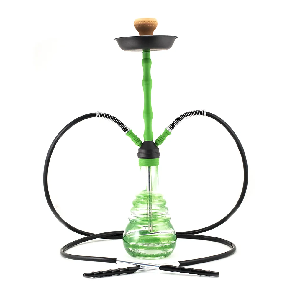 HOOKAH - 70cm 2 HOSE GREEN SWIRL GLASS BLK ZINC ALLOY METAL NECK NATURAL CONE