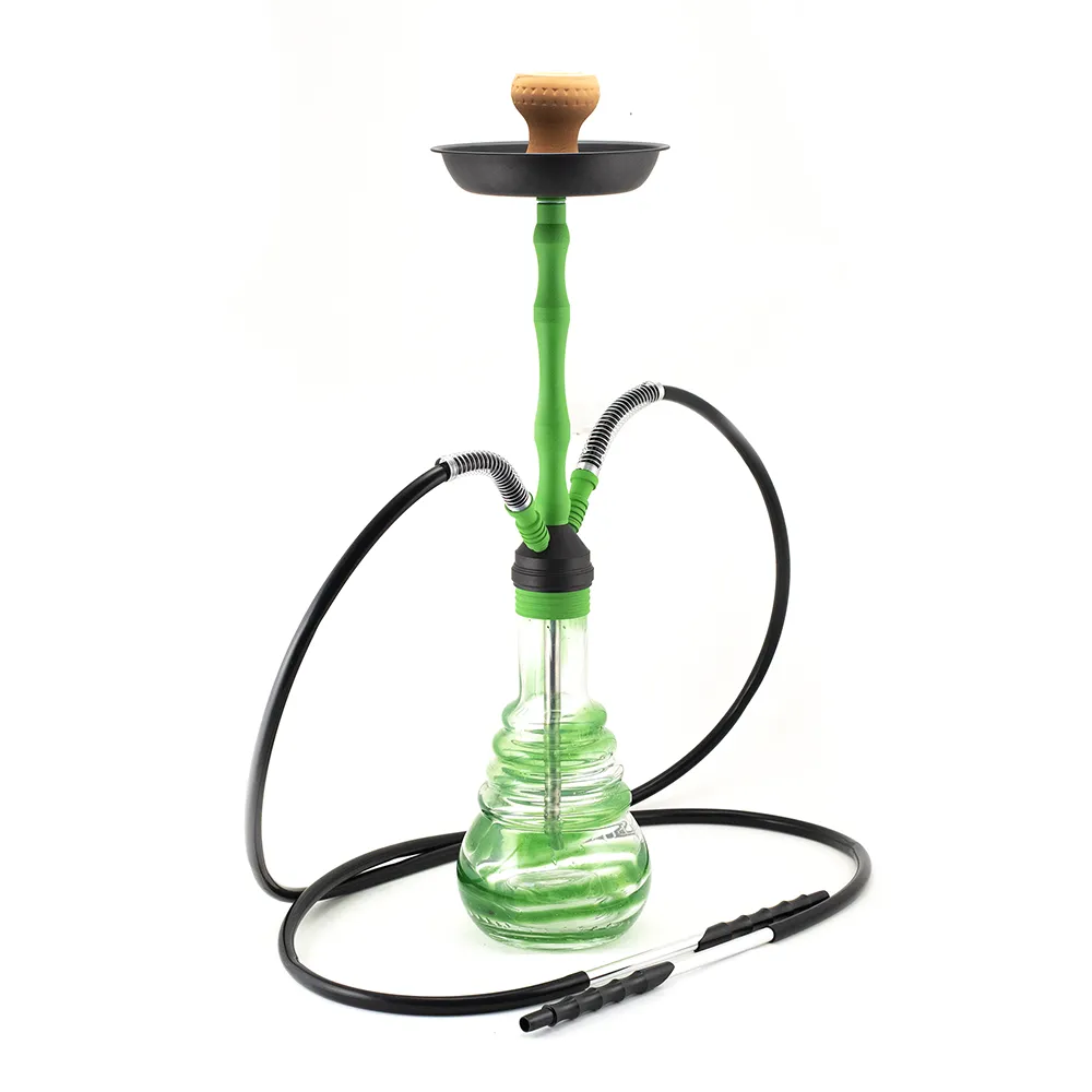 HOOKAH - 70cm 2 HOSE GREEN SWIRL GLASS BLK ZINC ALLOY METAL NECK NATURAL CONE