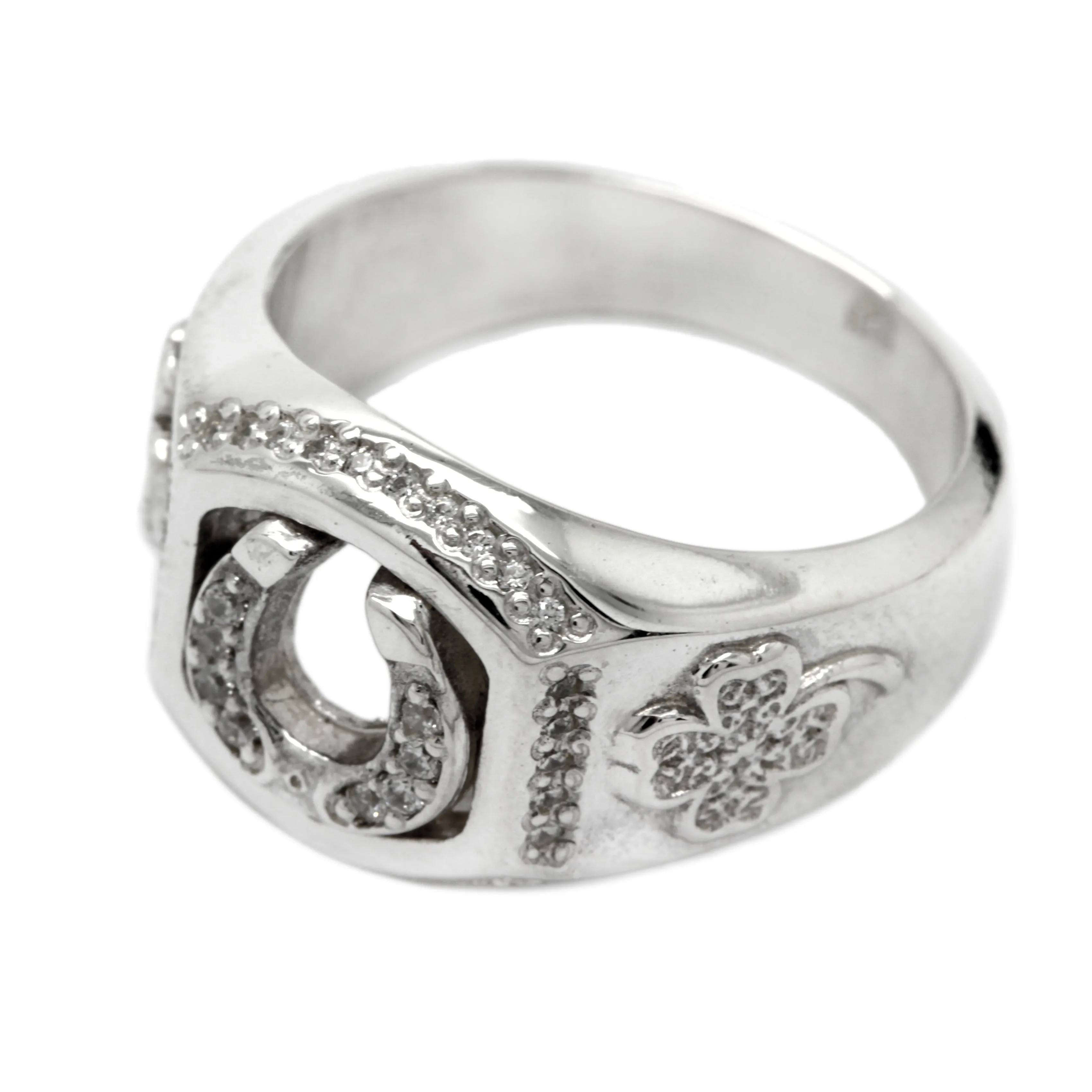 Horseshoe and Clover with Zircons Men Ring Silver 925