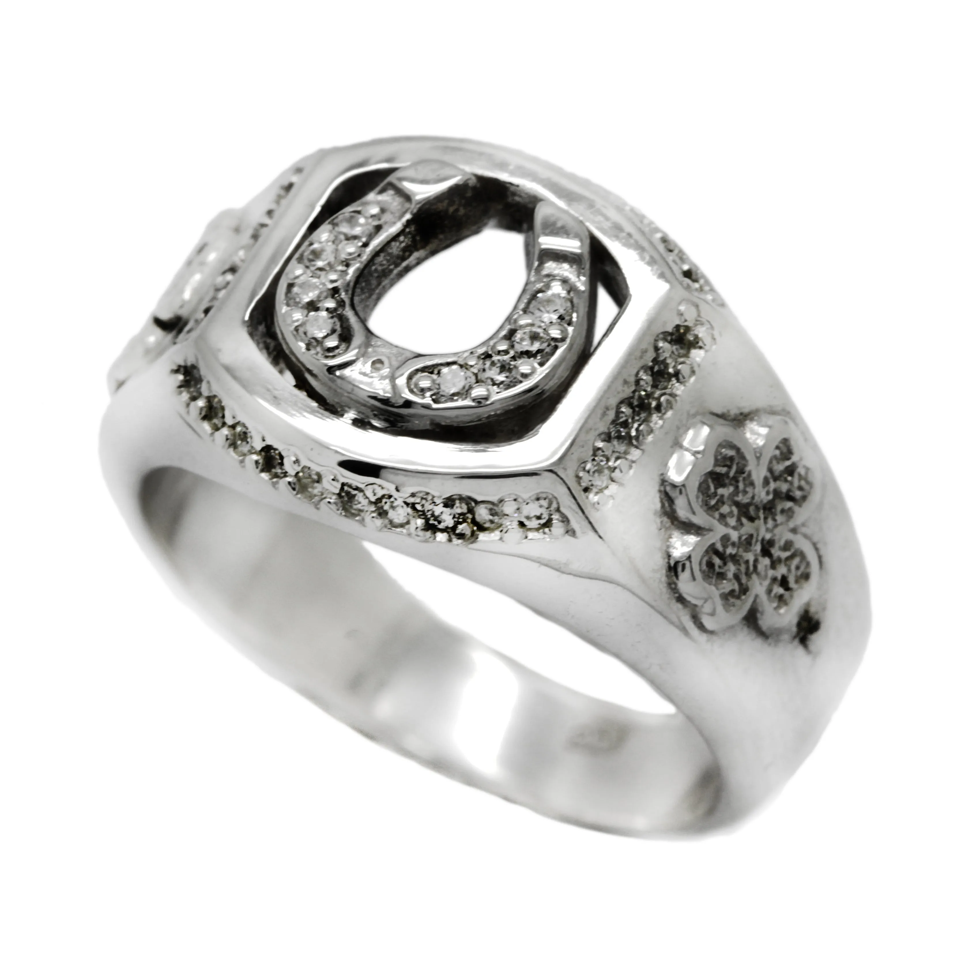 Horseshoe and Clover with Zircons Men Ring Silver 925