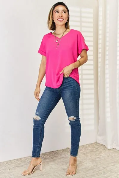 Hot Pink V-Neck Short Sleeve T-Shirt