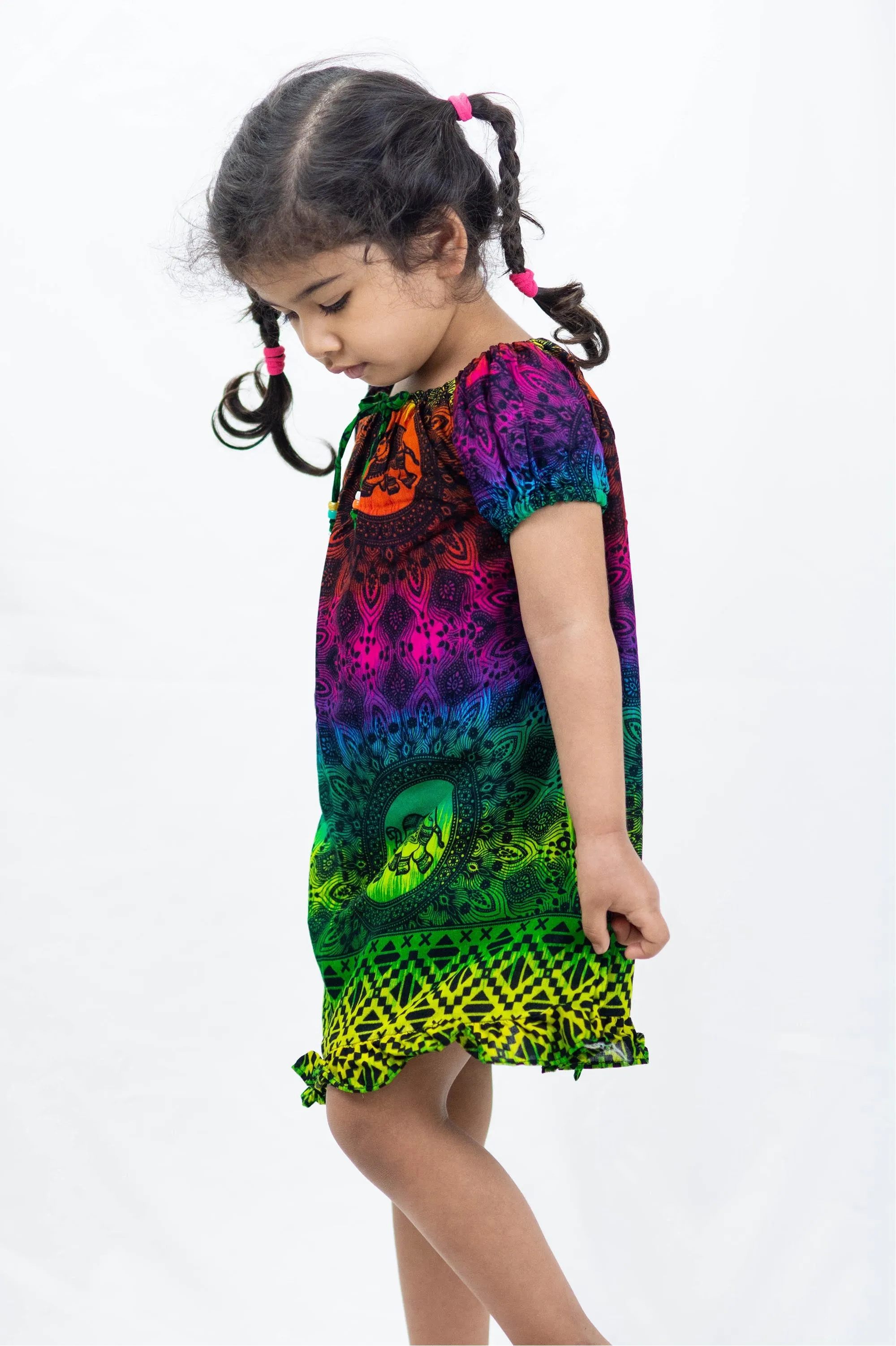 Kids Rainbow Elephant Dress in Green