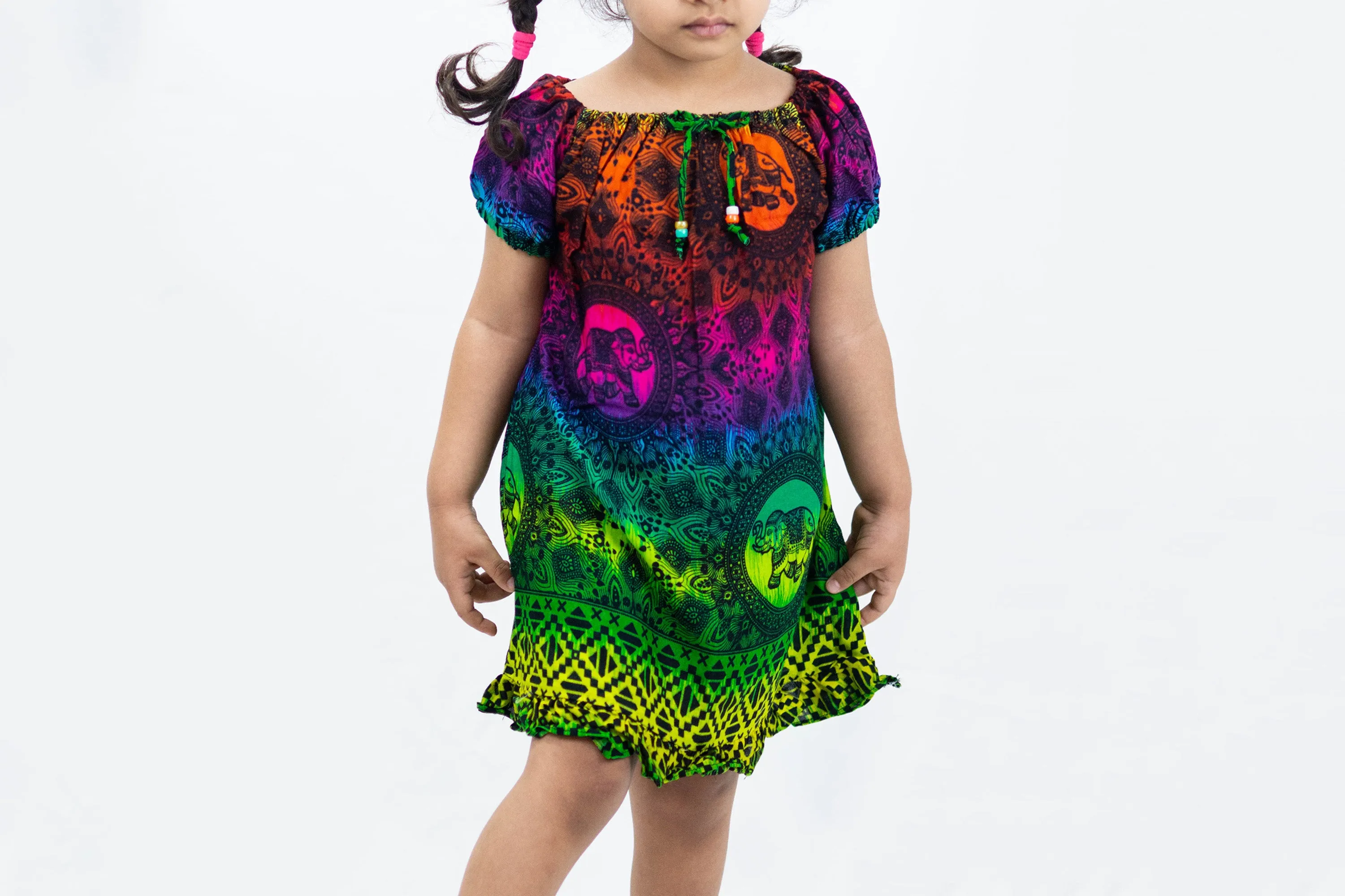 Kids Rainbow Elephant Dress in Green