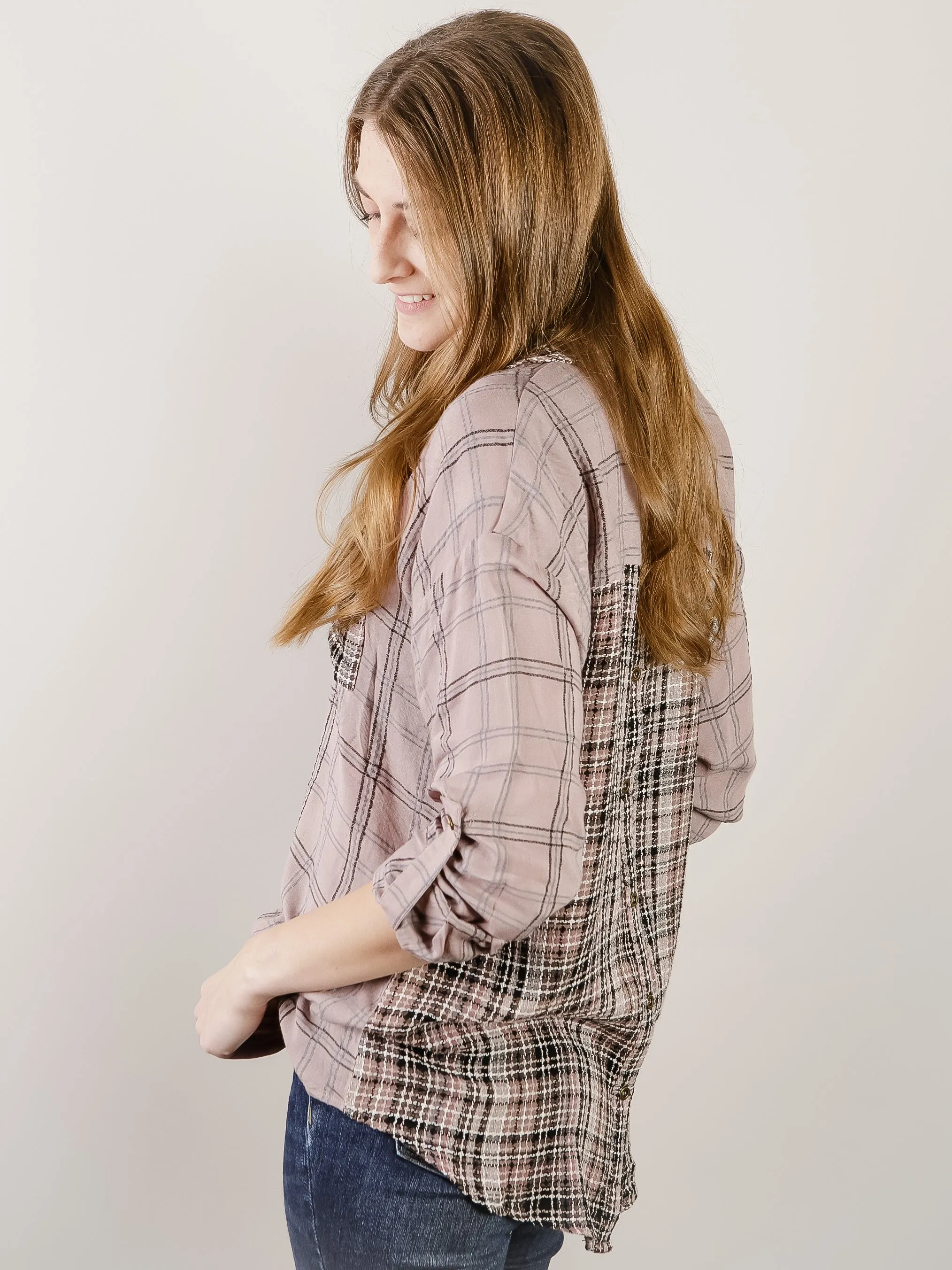 Lavender Mixed Plaid Button Down