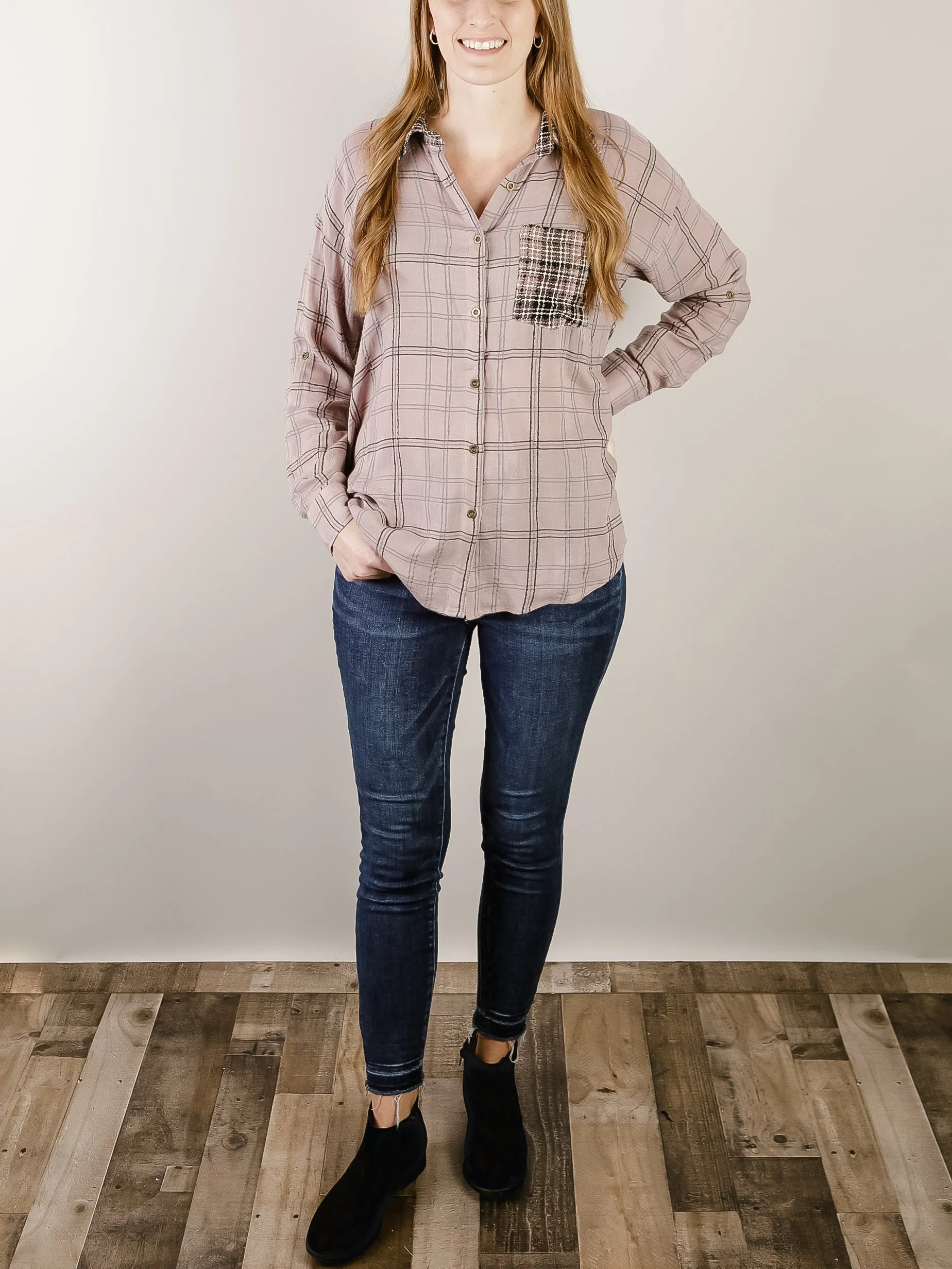 Lavender Mixed Plaid Button Down