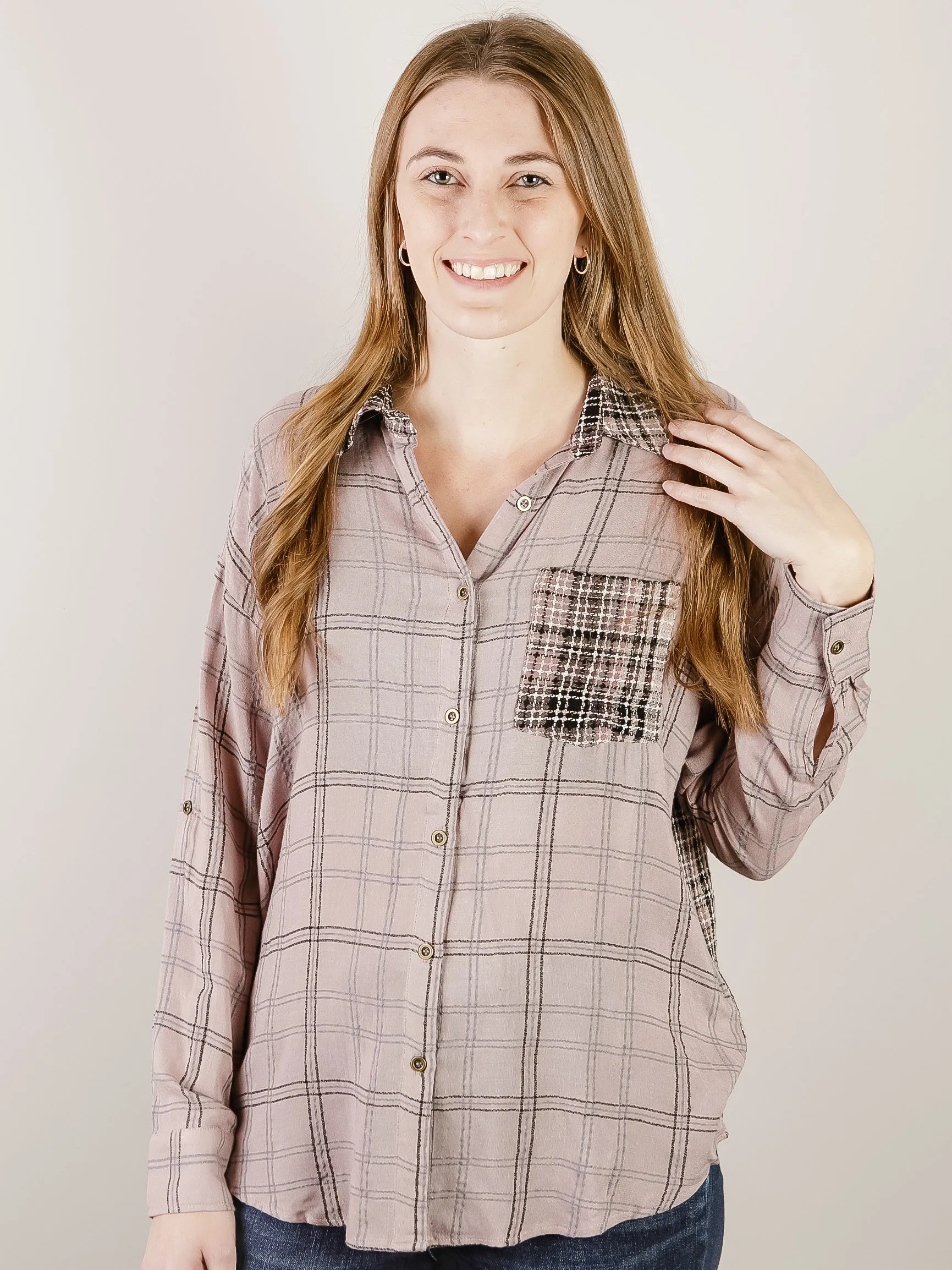 Lavender Mixed Plaid Button Down