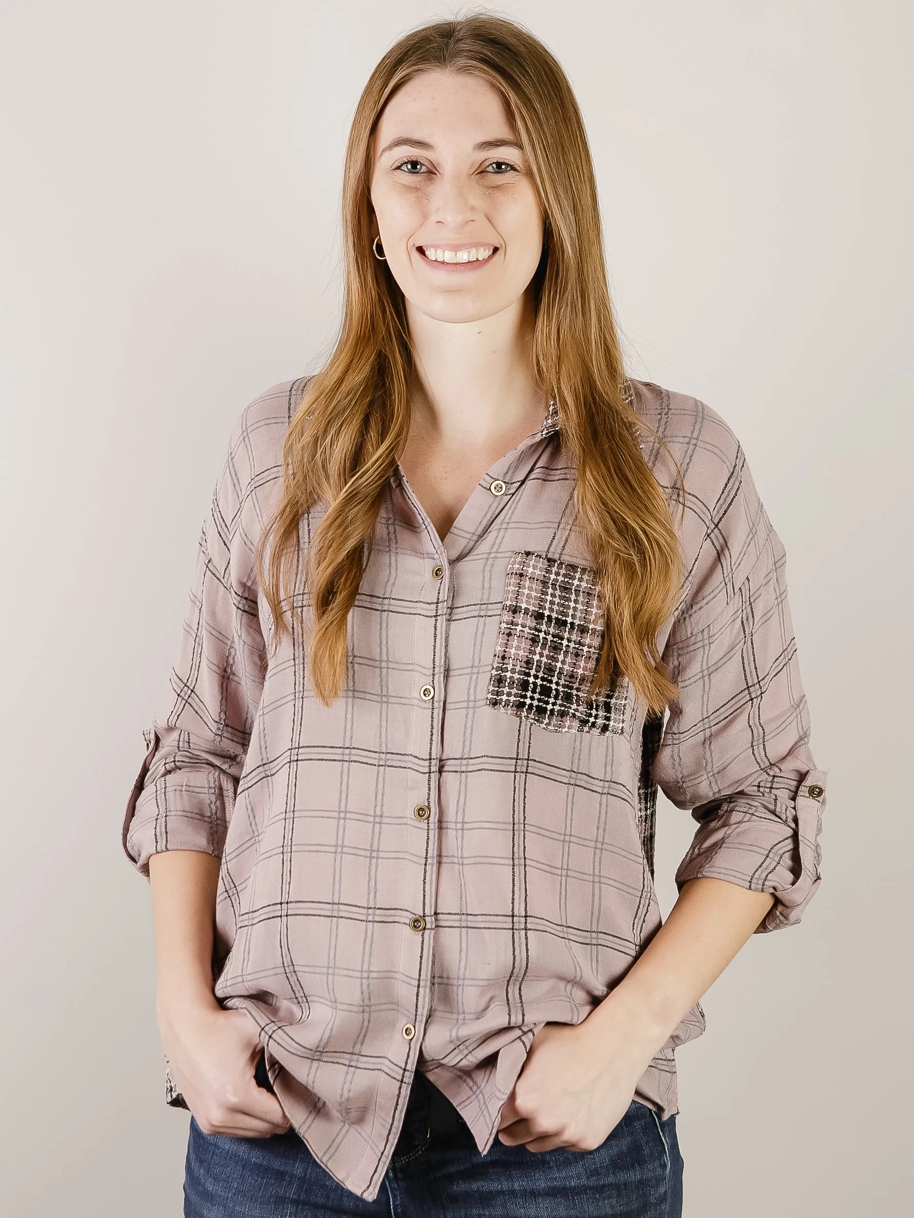 Lavender Mixed Plaid Button Down