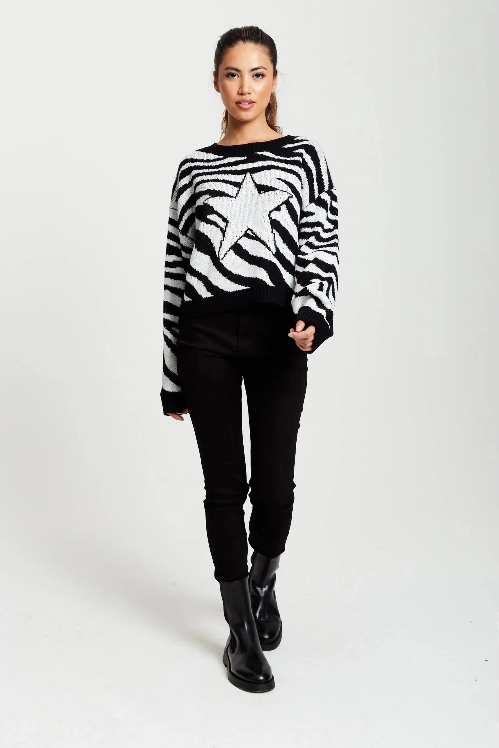 Liquorish Star Jumper In Black And White Zebra Pattern