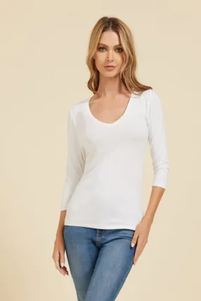 Majestic 3/4 Sleeve V-Neck Tee in Blanc