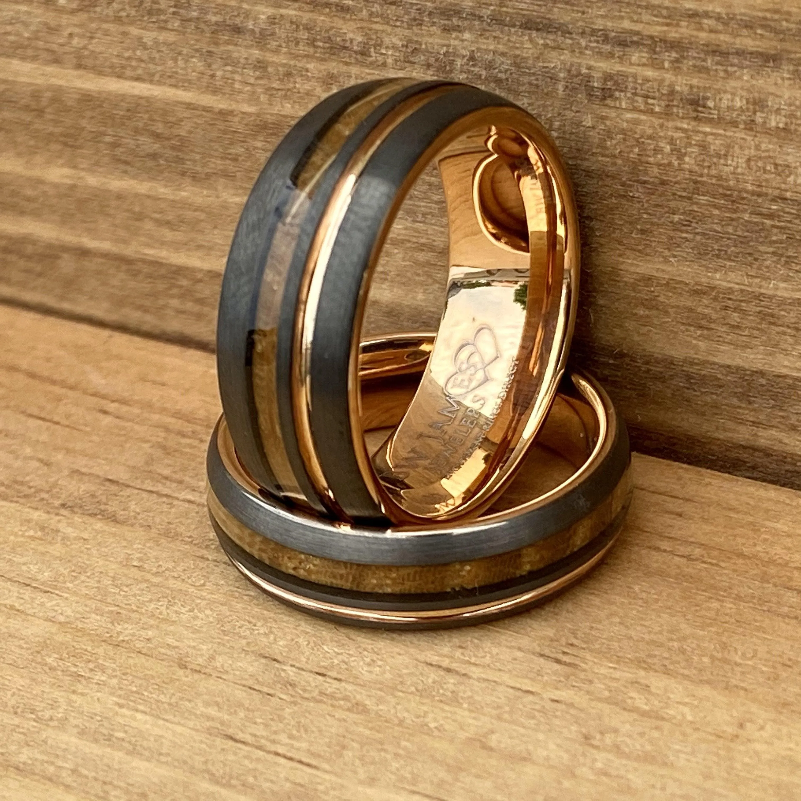 Matching Set "Copper Gentleman" “Lady Rose” Tungsten Ring With Reclaimed Whiskey Barrel Wood And Rose Gold Color