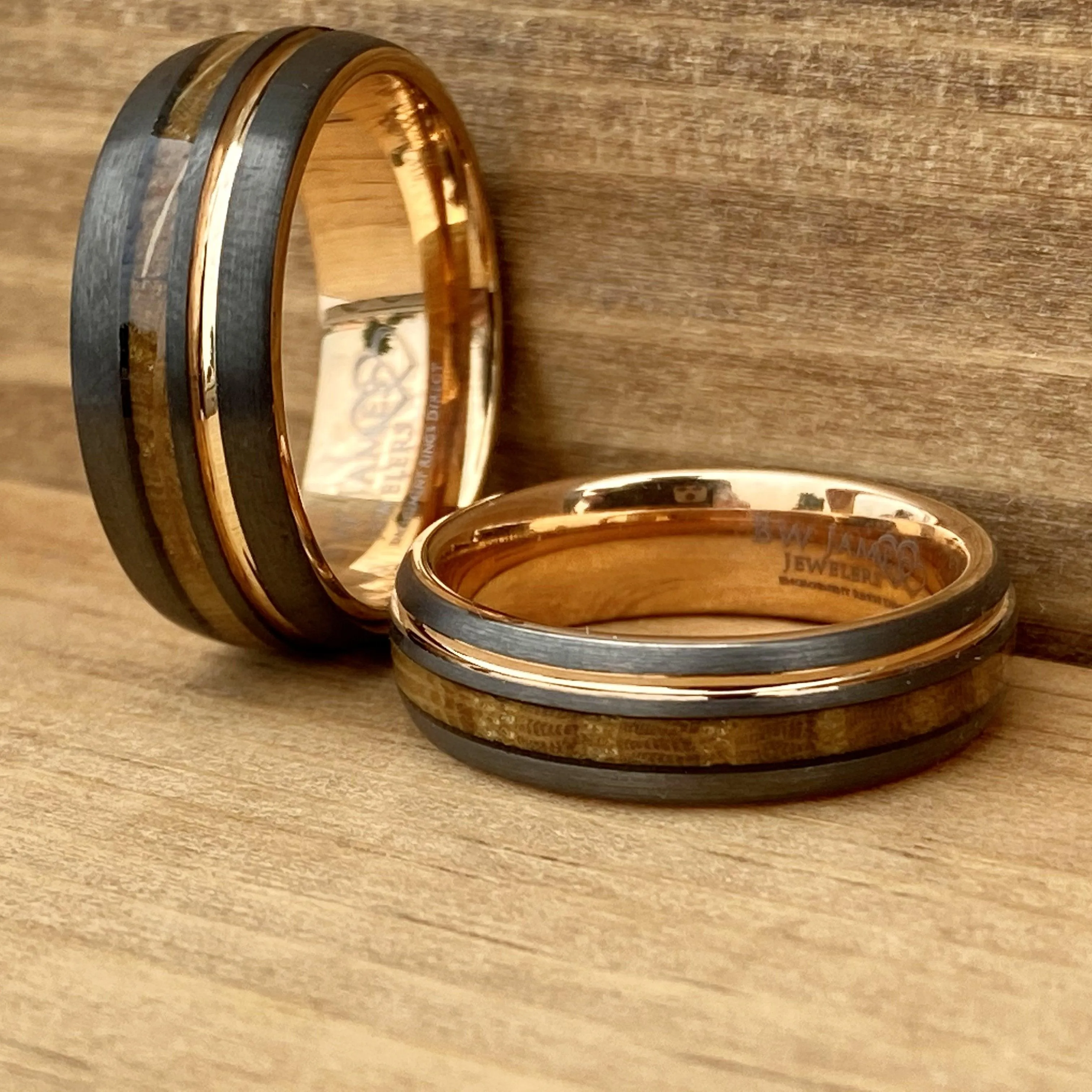 Matching Set "Copper Gentleman" “Lady Rose” Tungsten Ring With Reclaimed Whiskey Barrel Wood And Rose Gold Color