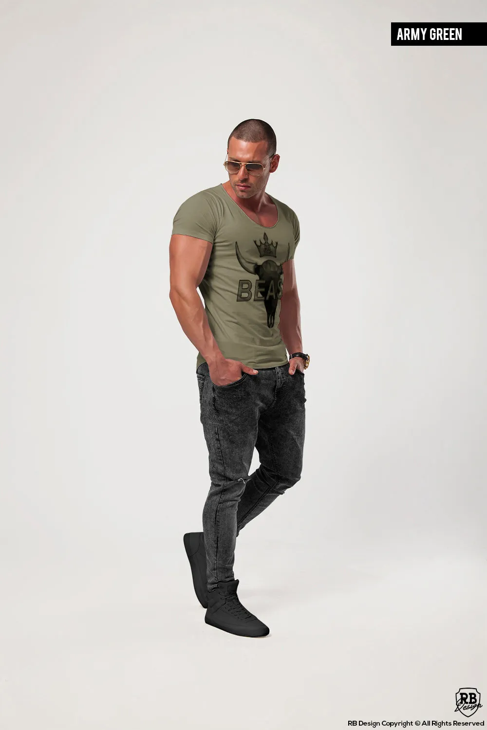 Men's T-shirt "BEAST" Scoop Neck Muscle Tee Khaki Gray Beige / Color Option / MD730