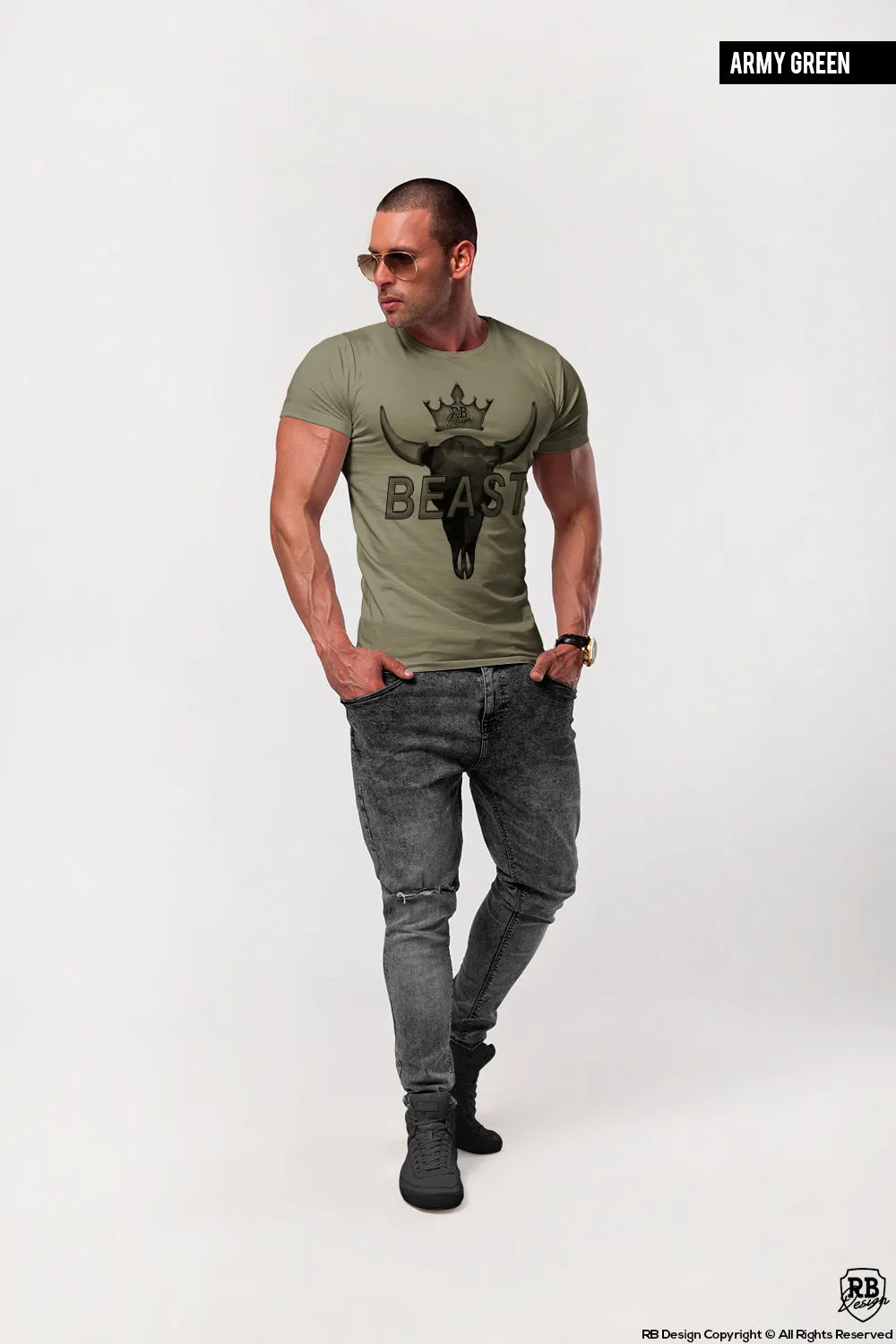 Men's T-shirt "BEAST" Scoop Neck Muscle Tee Khaki Gray Beige / Color Option / MD730