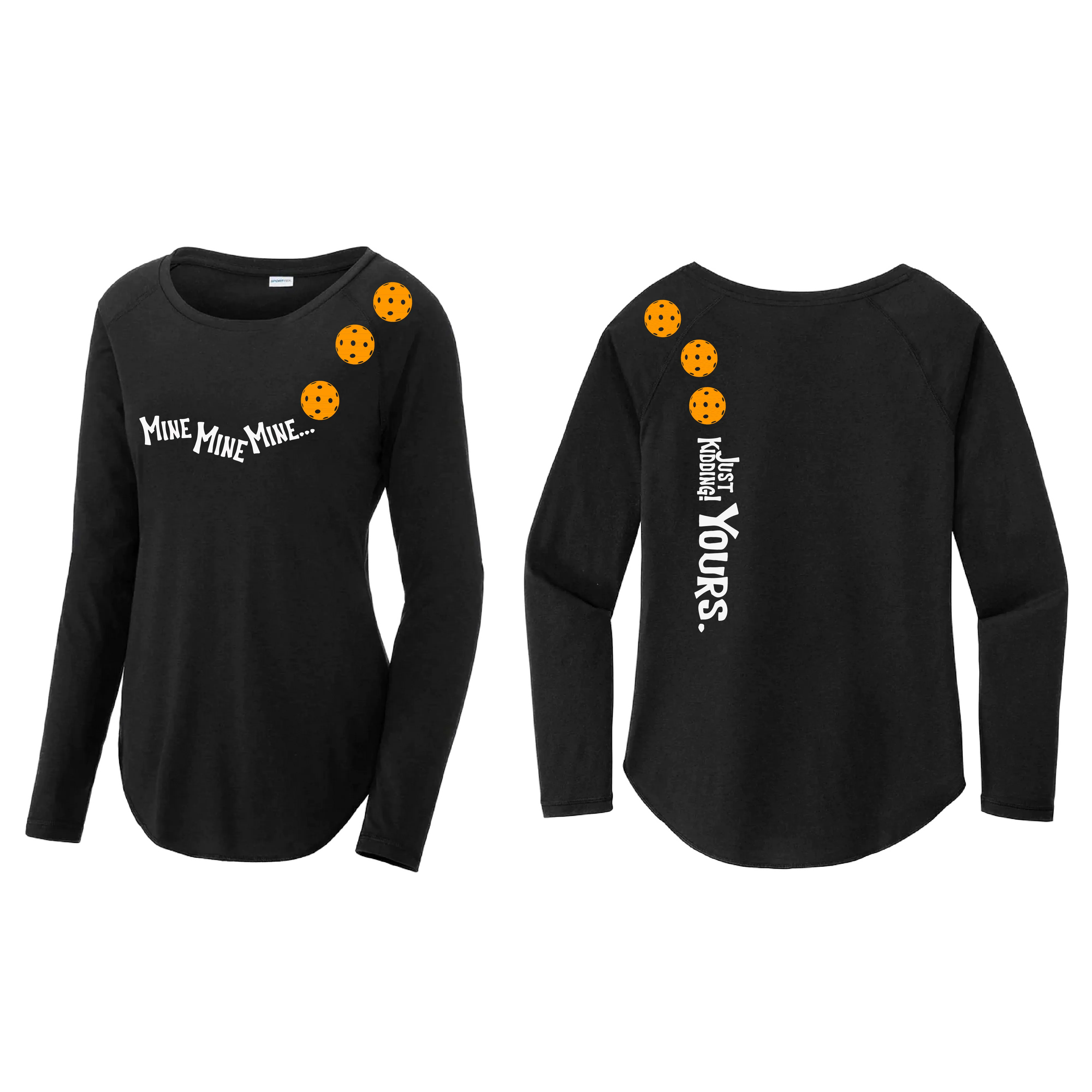 Mine JK Yours (Pickleball Colors Orange Yellow Red)| Women's Long Sleeve Scoop Neck Pickleball Shirts | 75/13/12 poly/cotton/rayon