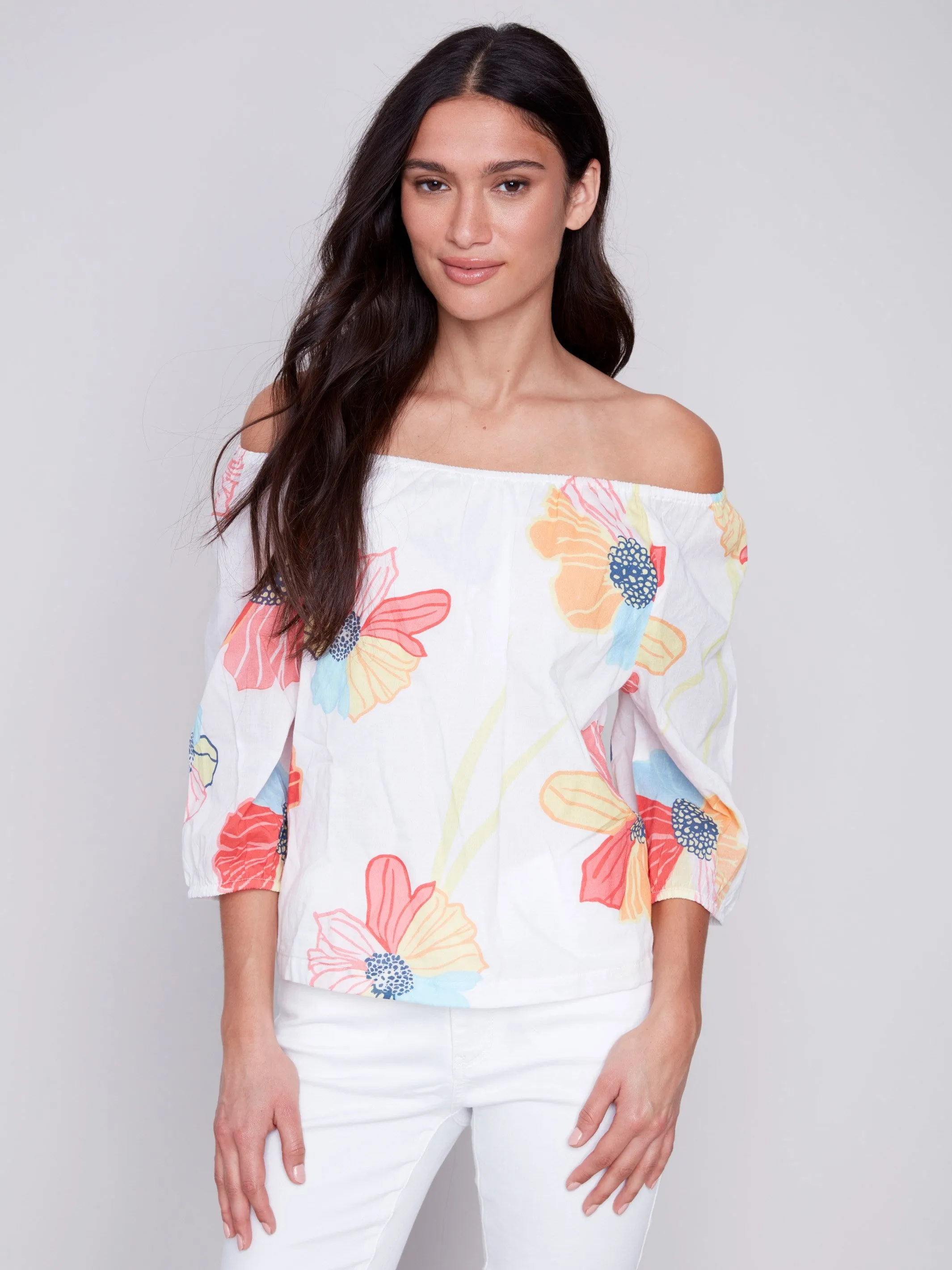 Off-The-Shoulder Cotton Blouse - Flowers