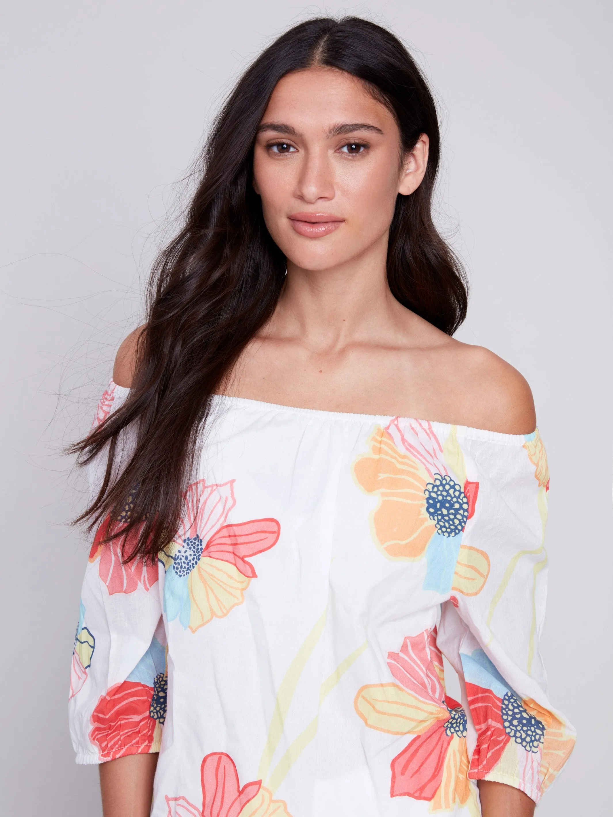 Off-The-Shoulder Cotton Blouse - Flowers