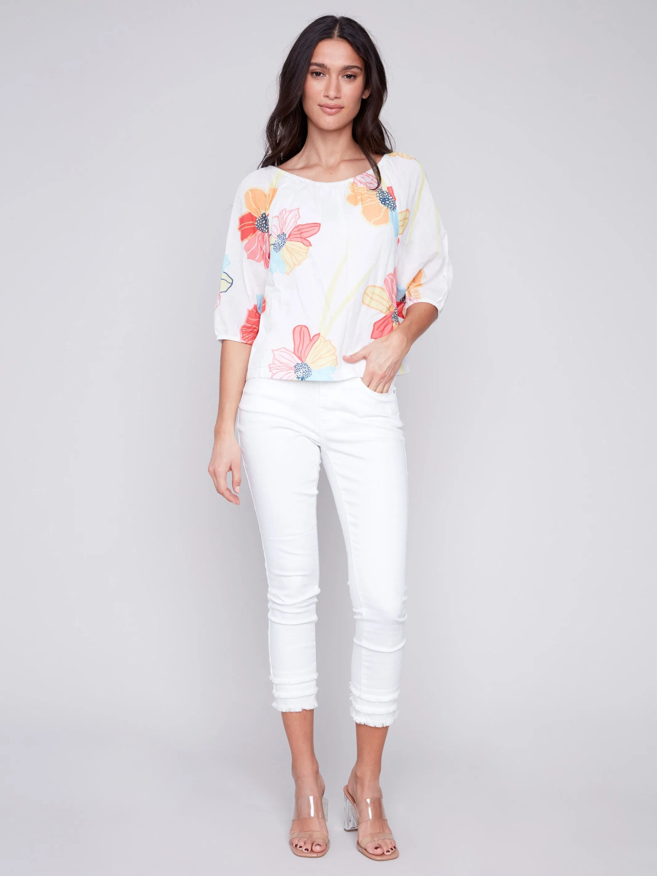 Off-The-Shoulder Cotton Blouse - Flowers