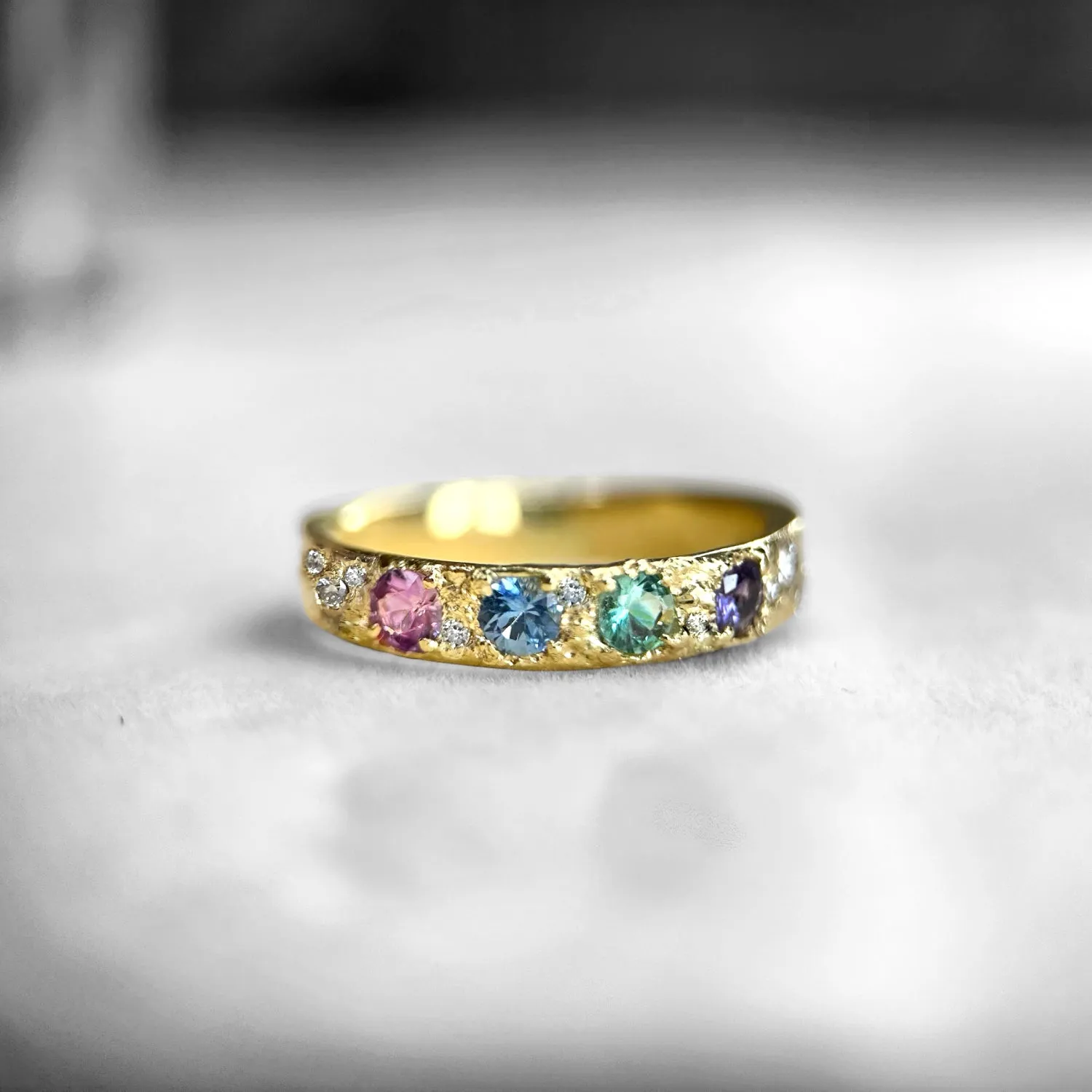 One-Of-A-Kind Pastel Ring Band 18 Ct gold Diamonds and Sapphires (Exclusive to Tomfoolery London)