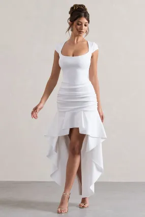 Parisa | White Ruched Short-Sleeve High-Low Maxi Dress